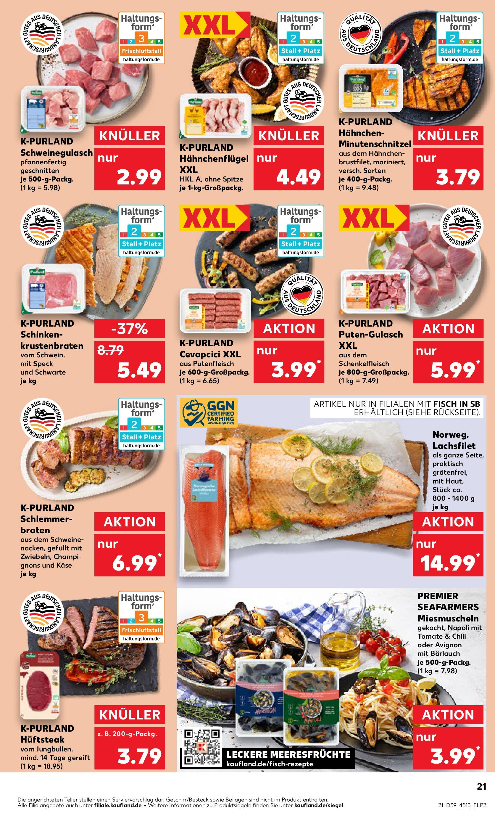Prospekt Kaufland ab 25.09.2025 » Angebote Online zum Blättern | Seite: 21 | Produkte: Hahnchen, Krustenbraten, Champignons, Meeresfrüchte