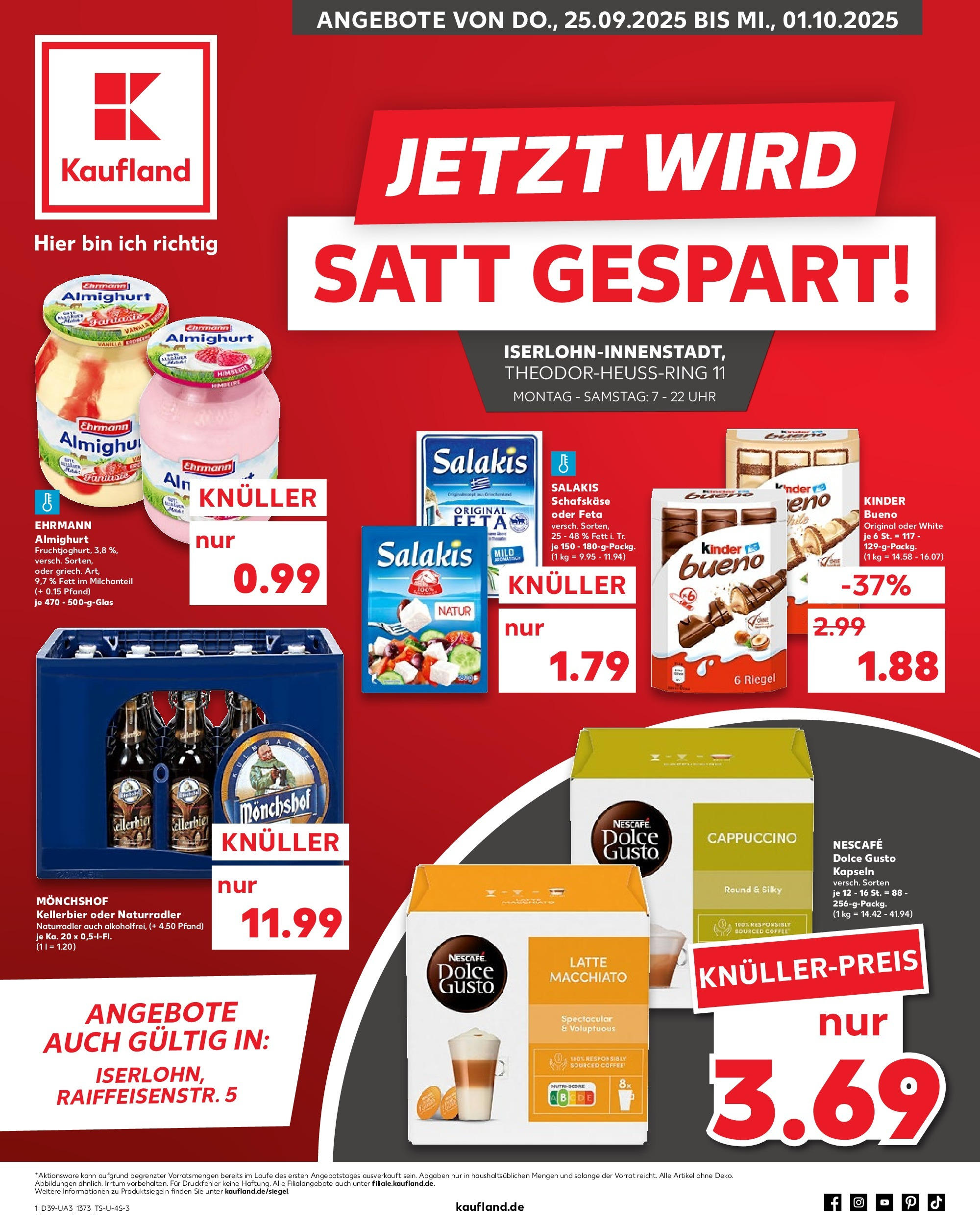 Prospekt Kaufland ab 25.09.2025 » Angebote Online zum Blättern | Seite: 1 | Produkte: Monchshof, Dolce Gusto kapseln, Uhr, Schafskase