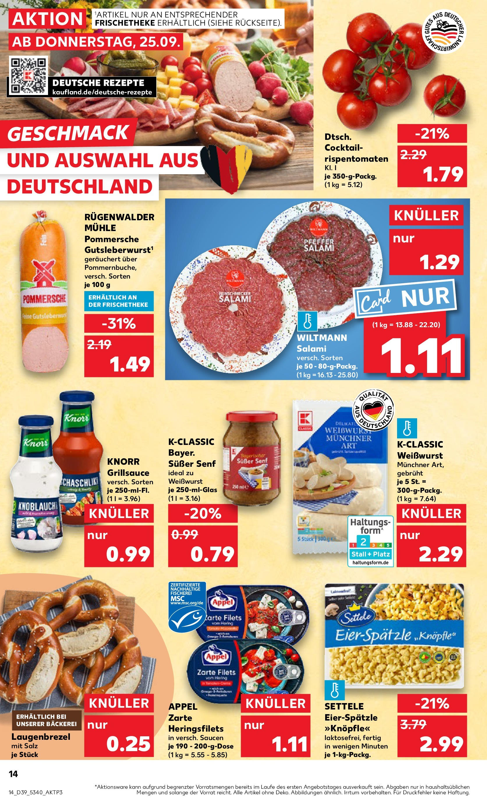 Prospekt Kaufland ab 25.09.2025 » Angebote Online zum Blättern | Seite: 14 | Produkte: Mühle, Weißwurst, Knorr, Salz