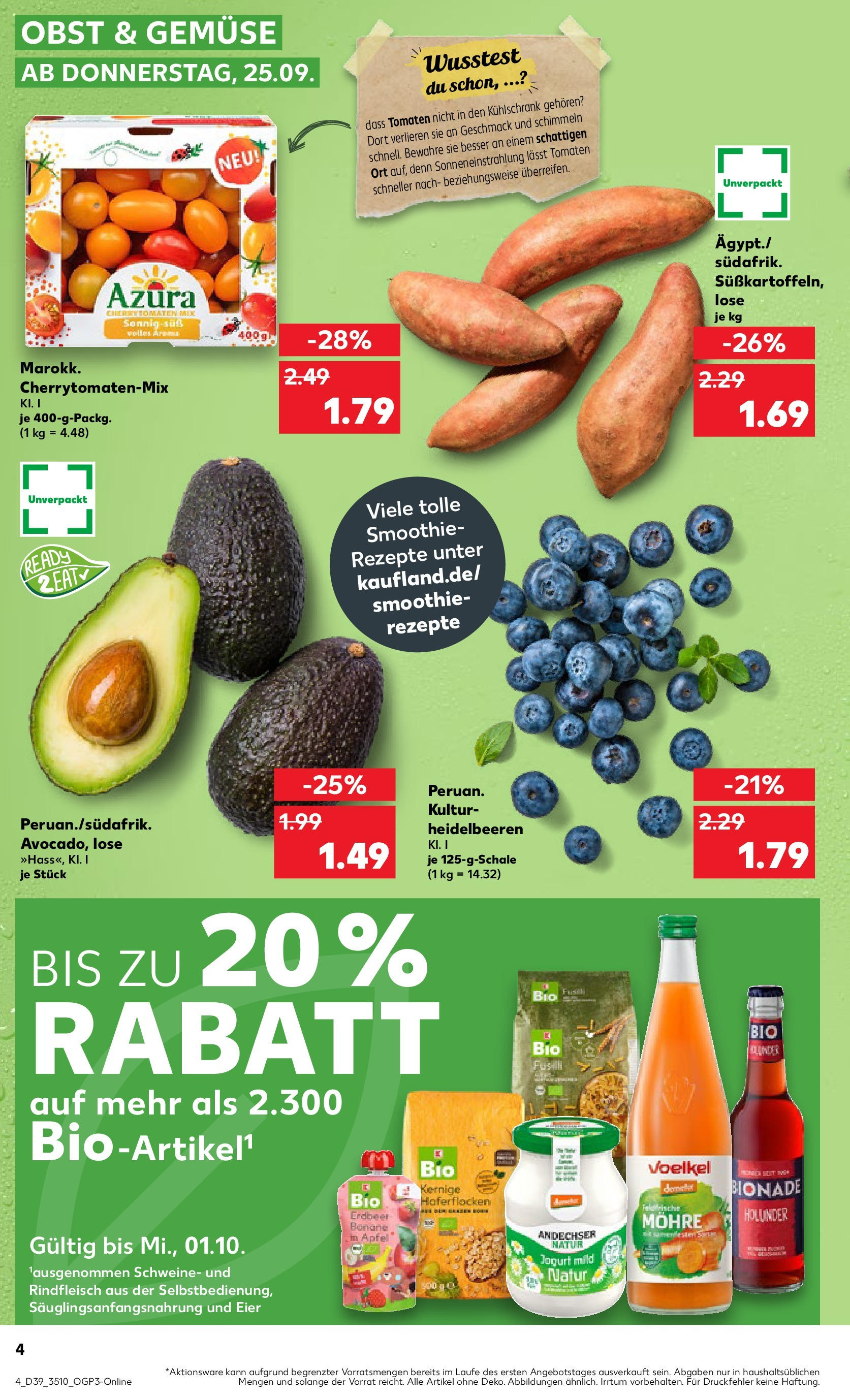 Prospekt Kaufland ab 25.09.2025 » Angebote Online zum Blättern | Seite: 4 | Produkte: Kühlschrank, Tomaten, Gemüse, Obst