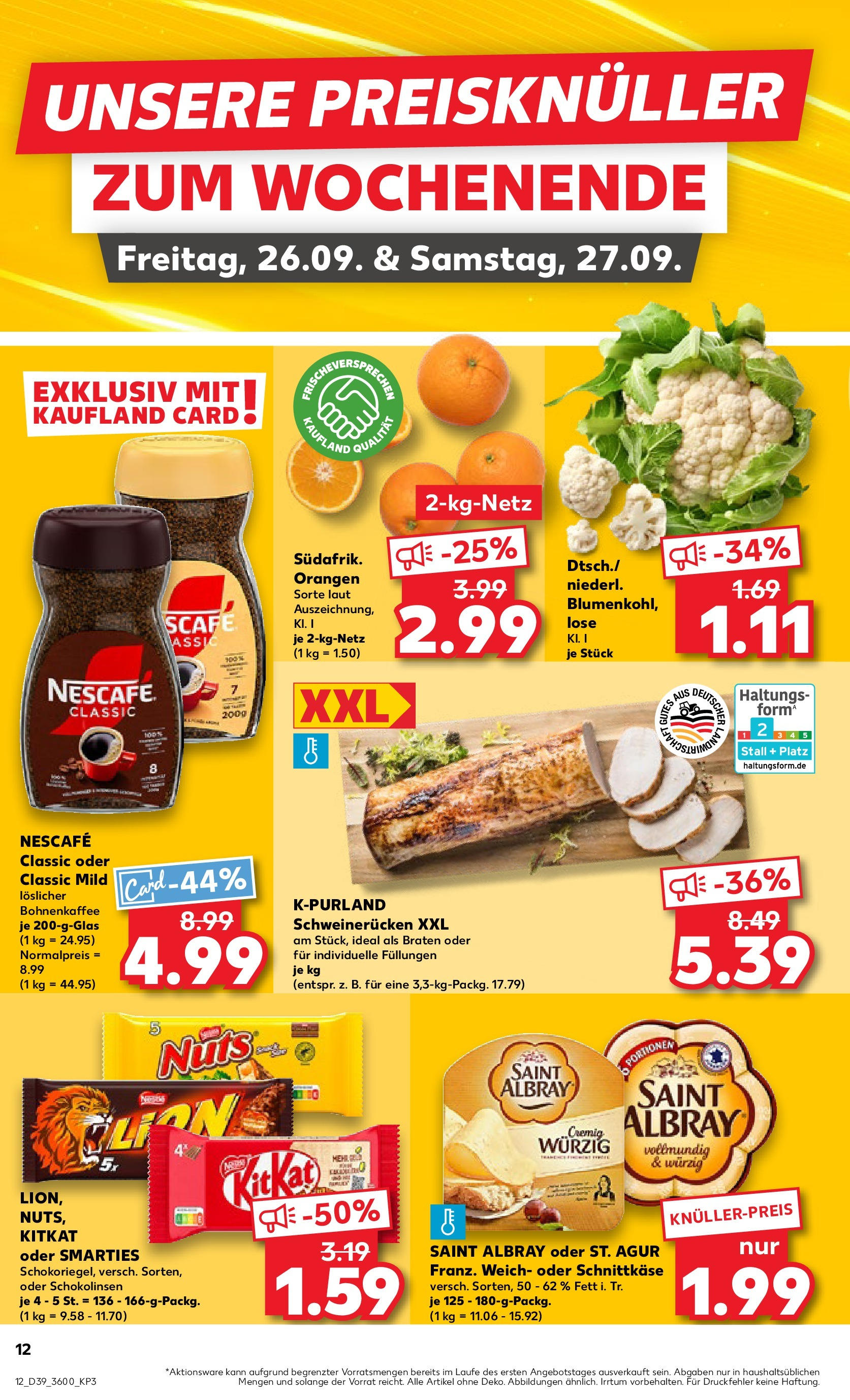 Prospekt Kaufland ab 25.09.2025 » Angebote Online zum Blättern | Seite: 12 | Produkte: Smarties, Orangen, Schweinerucken, Blumenkohl