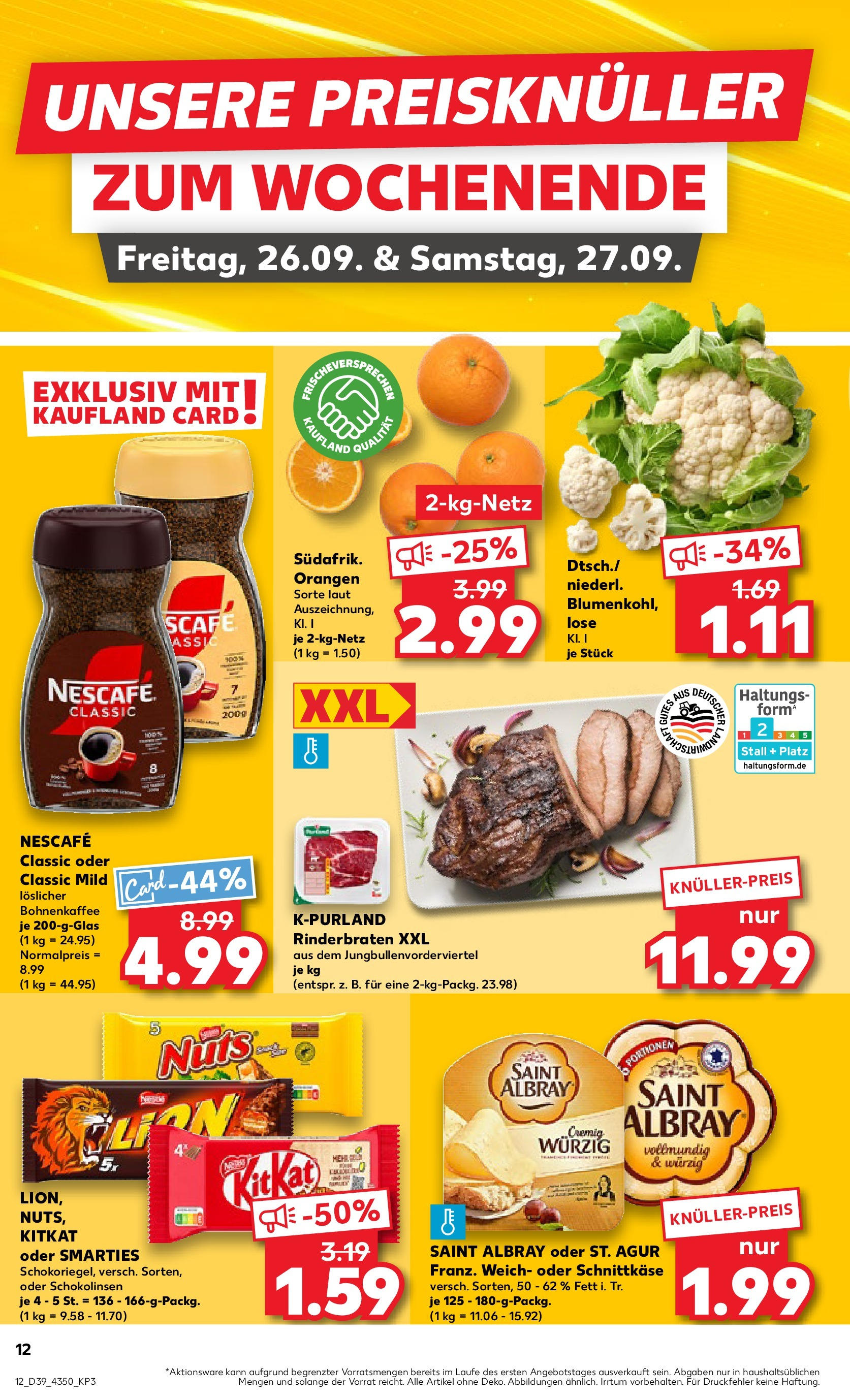 Prospekt Kaufland ab 25.09.2025 » Angebote Online zum Blättern | Seite: 12 | Produkte: Smarties, Orangen, Nescafe classic, Blumenkohl