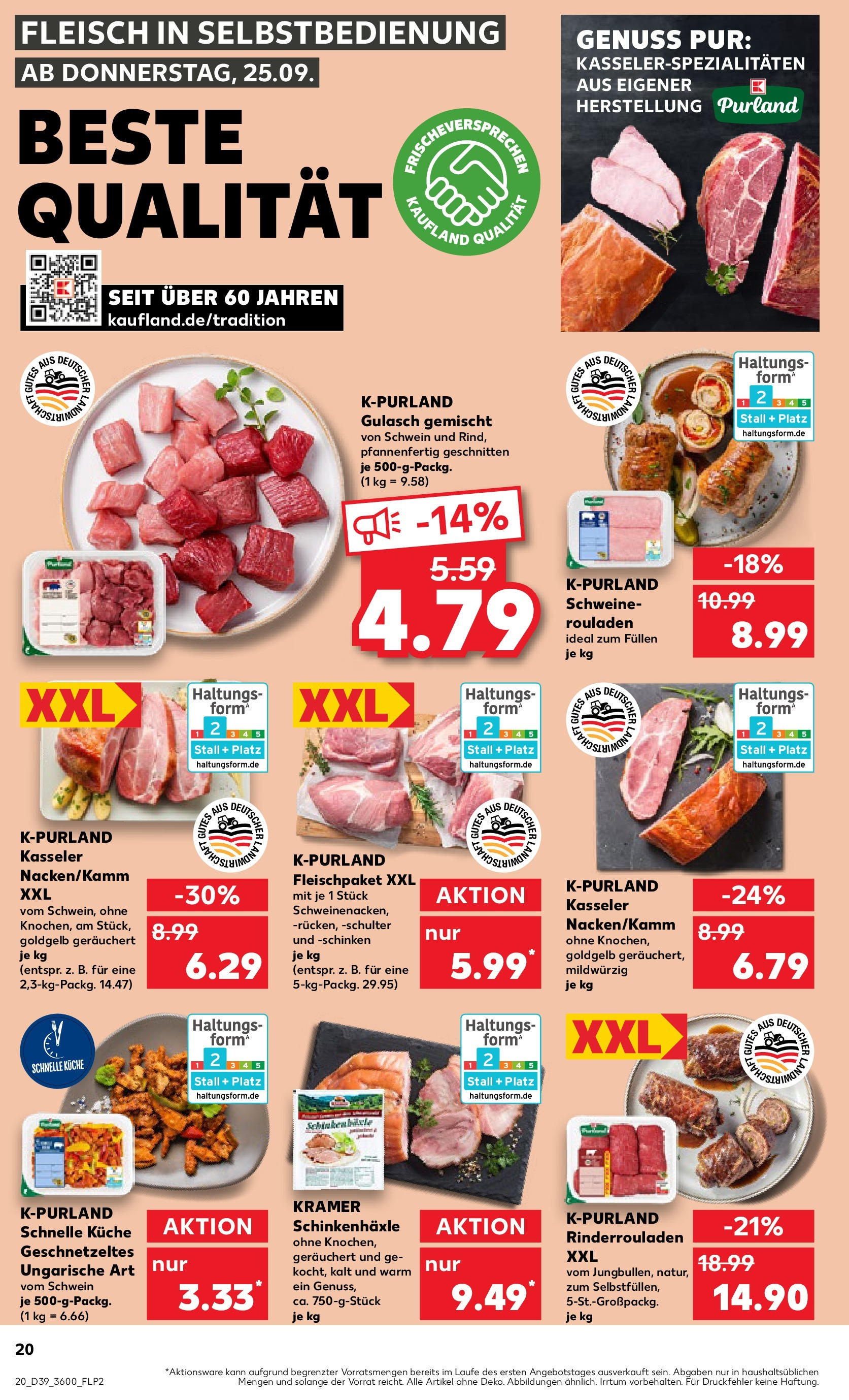 Prospekt Kaufland ab 25.09.2025 » Angebote Online zum Blättern | Seite: 20 | Produkte: Rinderrouladen, Küche, Gulasch, Schinken