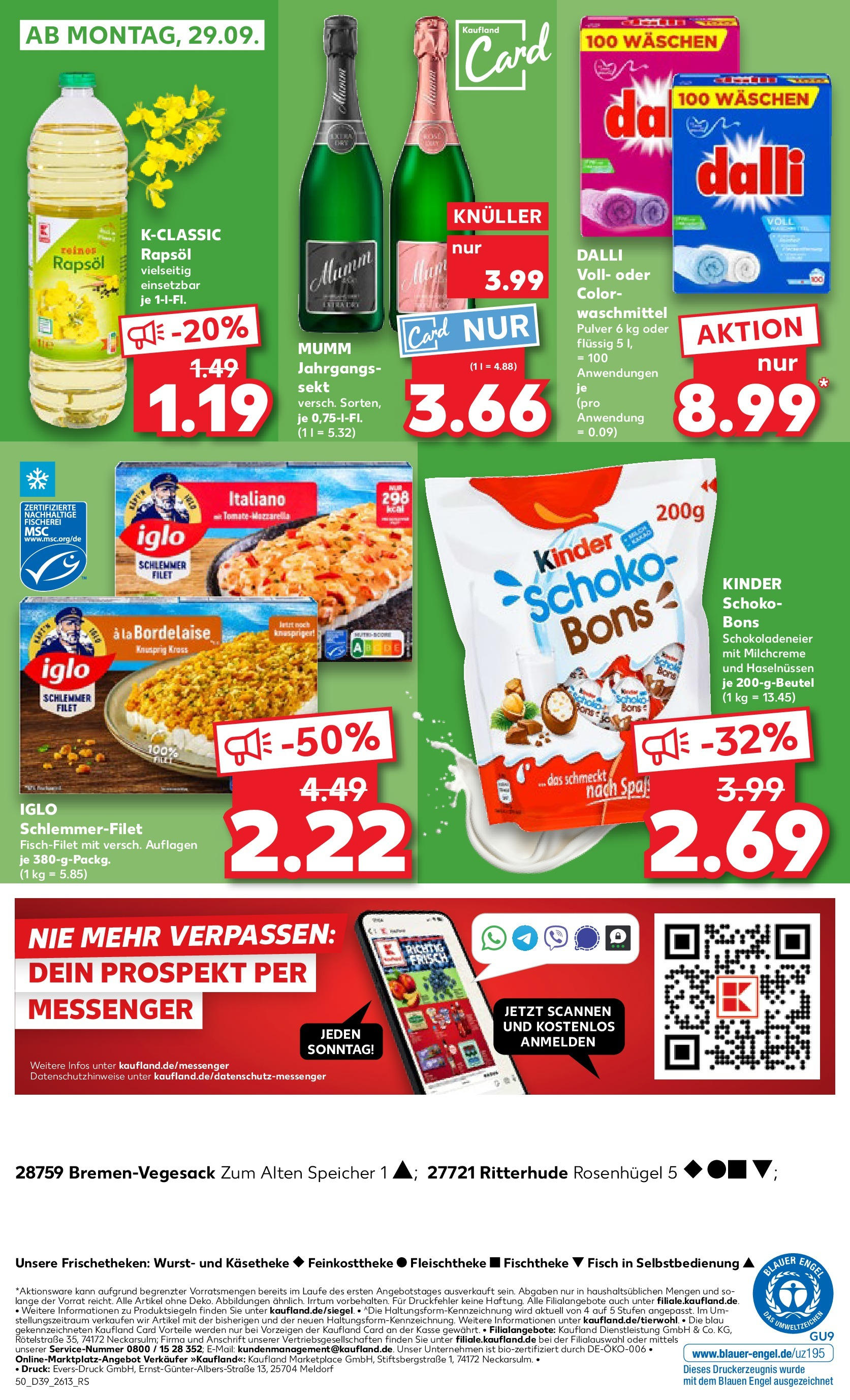 Prospekt Kaufland ab 25.09.2025 » Angebote Online zum Blättern | Seite: 50 | Produkte: Rapsöl, Sekt, Iglo, Waschmittel