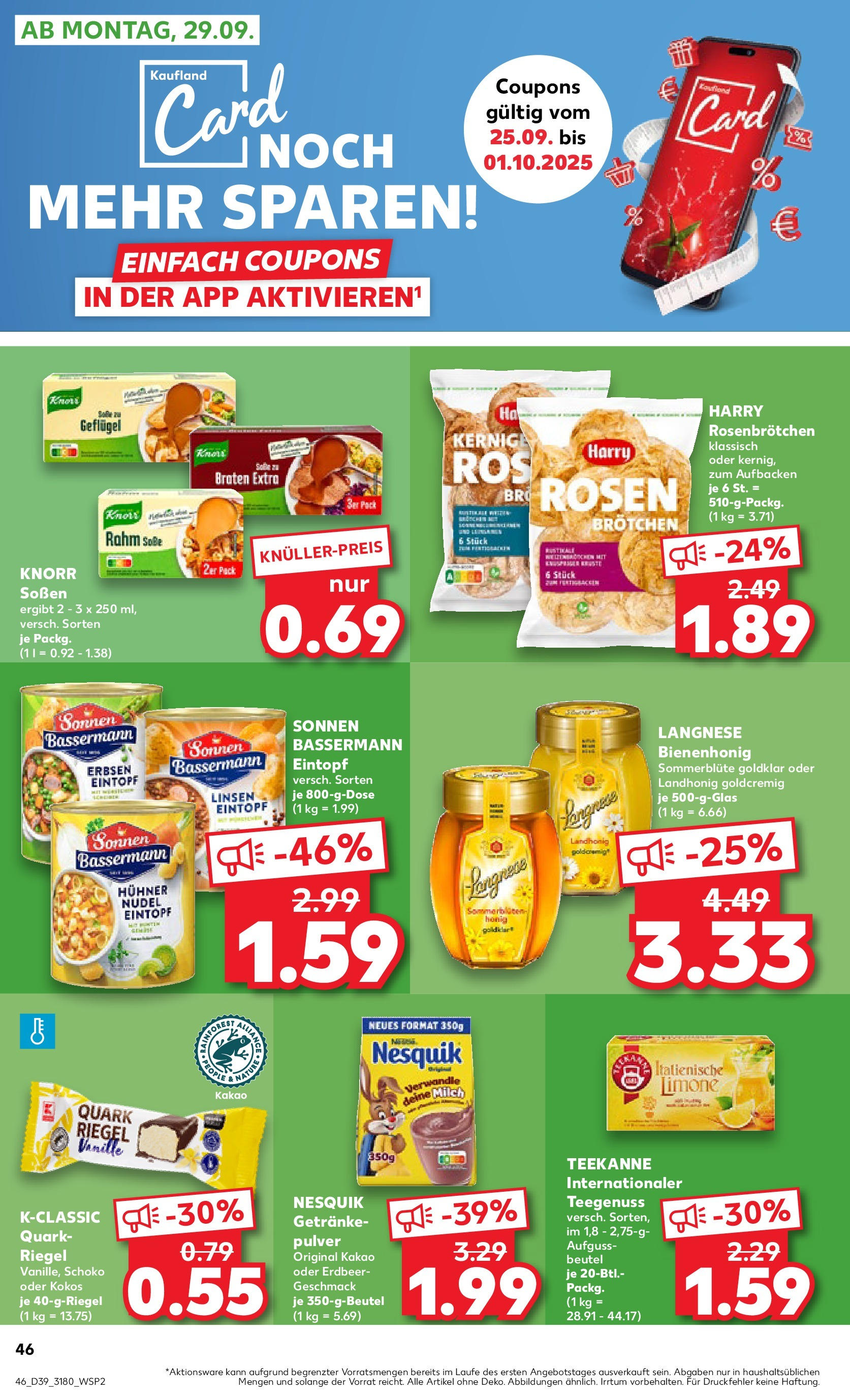Prospekt Kaufland ab 25.09.2025 » Angebote Online zum Blättern | Seite: 46 | Produkte: Nesquik, Milch, Knorr, Erbsen