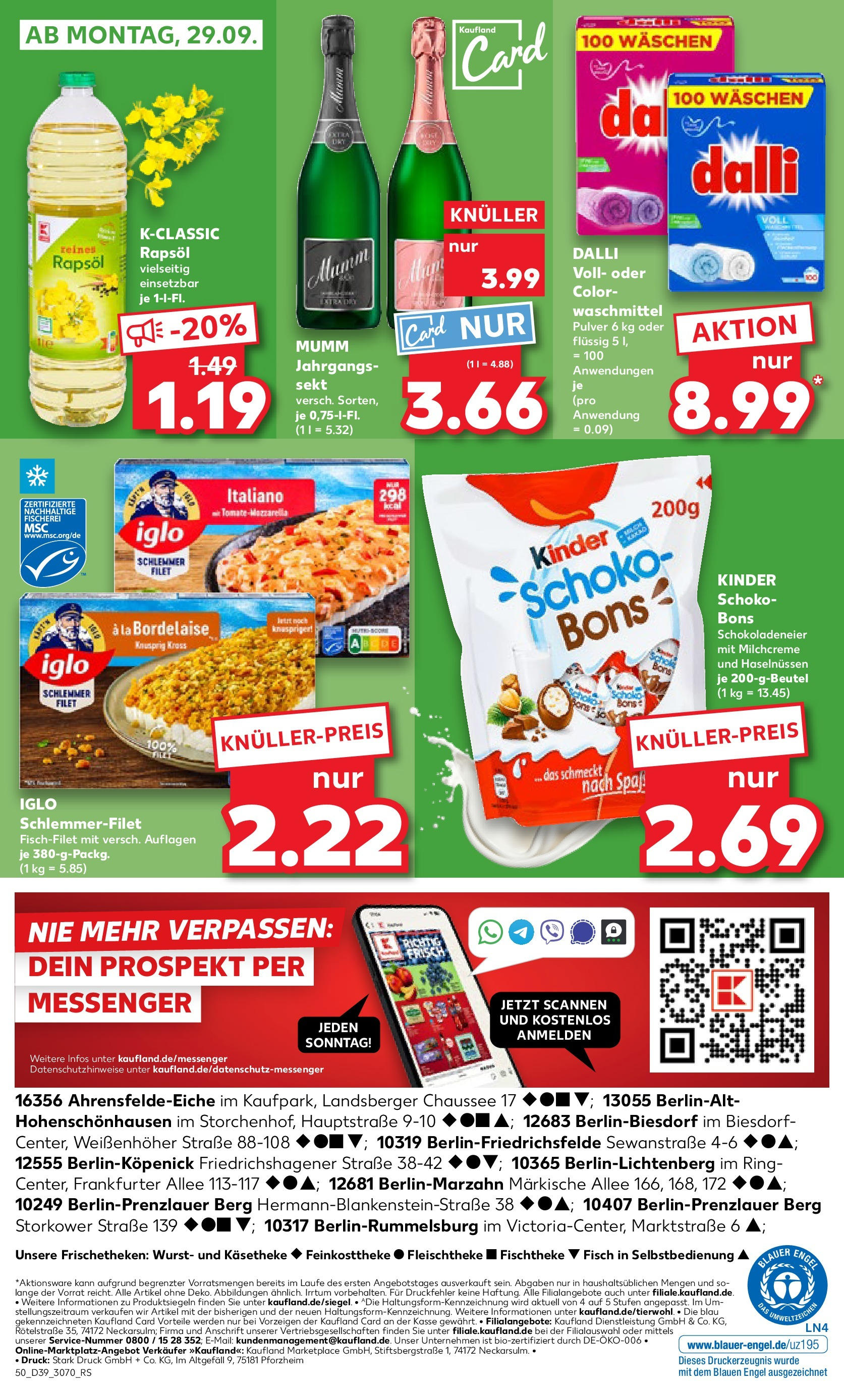 Prospekt Kaufland ab 25.09.2025 » Angebote Online zum Blättern | Seite: 50 | Produkte: Rapsöl, Iglo, Wurst, Iglo schlemmerfilet