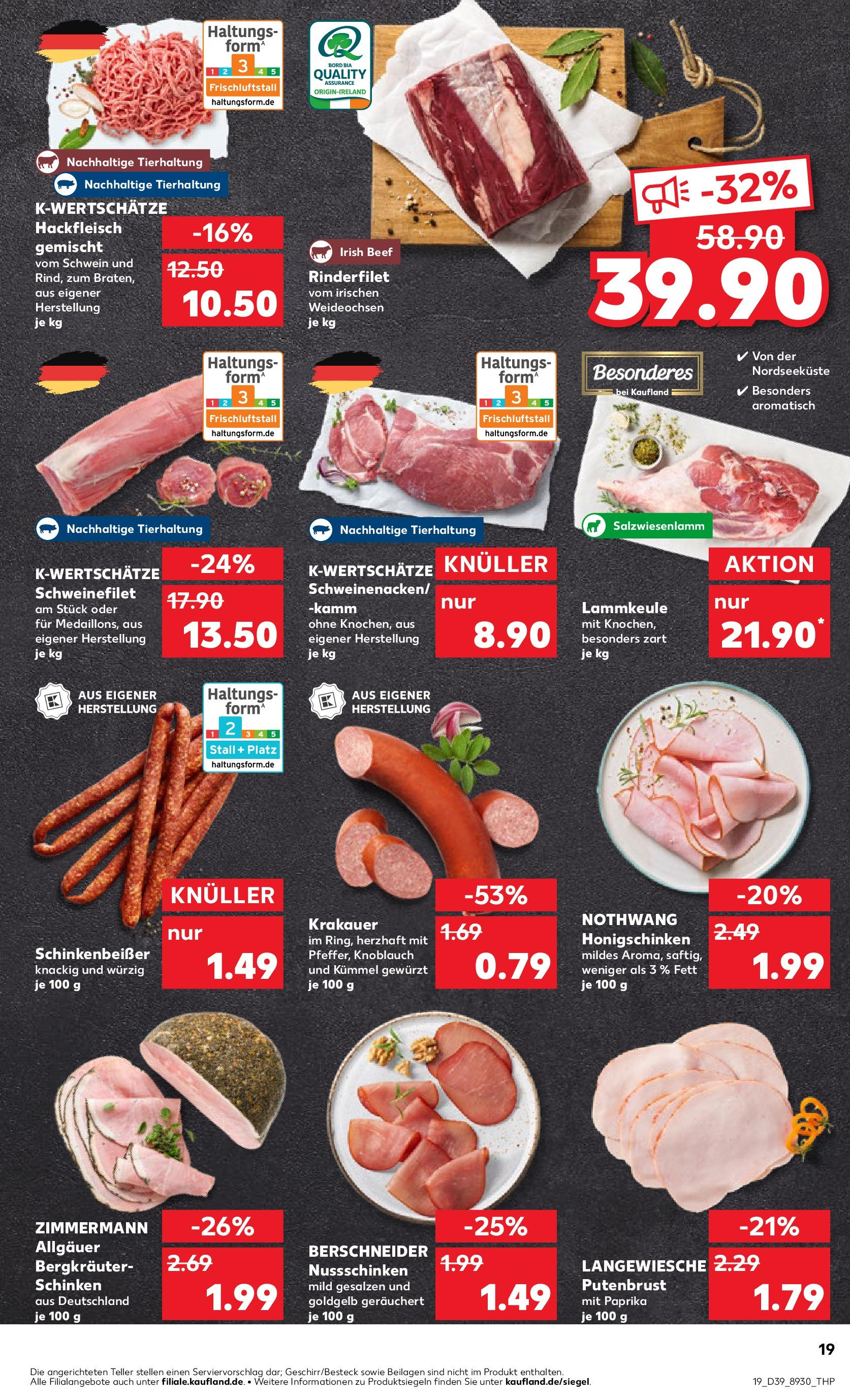 Prospekt Kaufland ab 25.09.2025 » Angebote Online zum Blättern | Seite: 19 | Produkte: Lammkeule, Schweinefilet, Schinken, Hackfleisch
