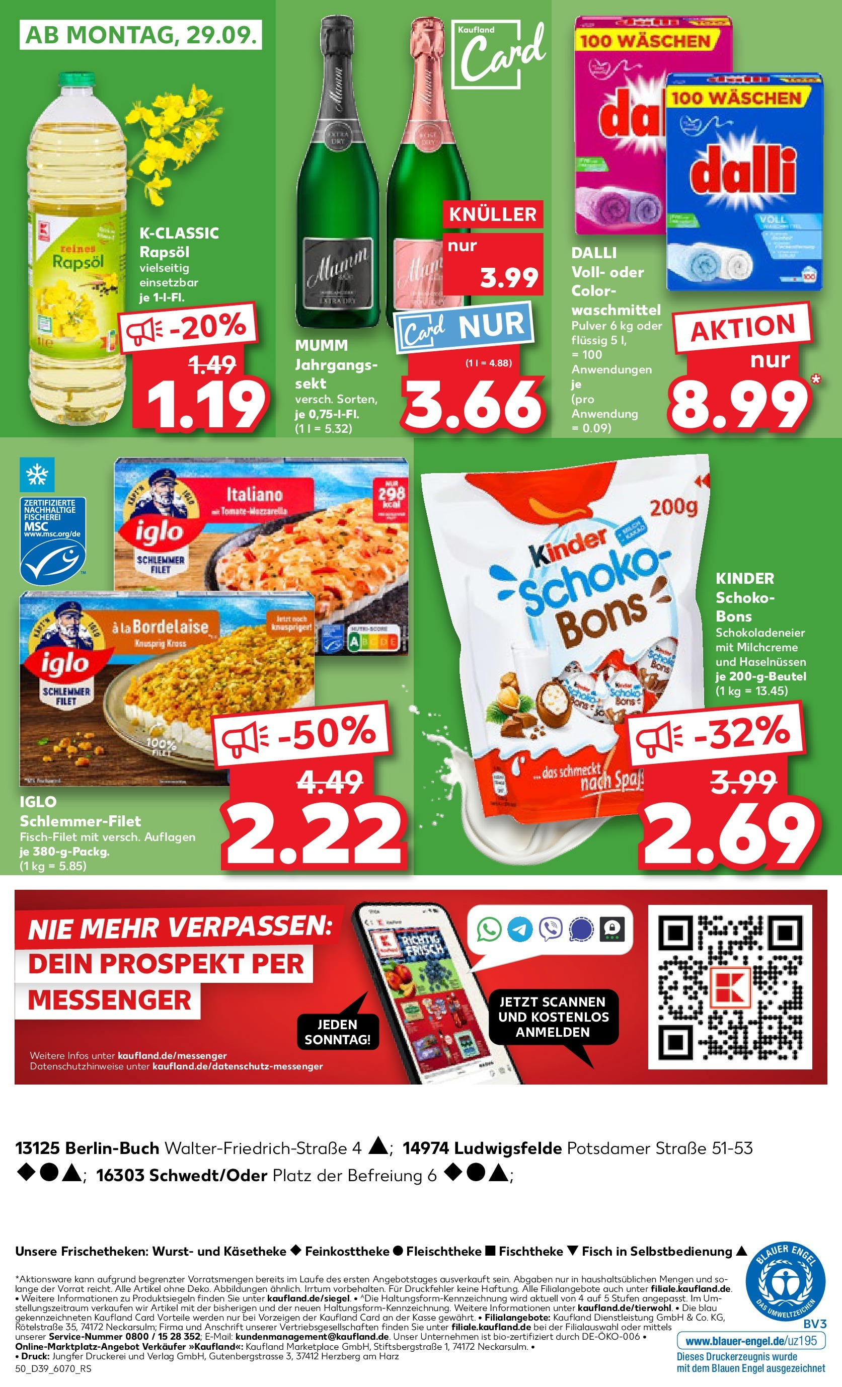Prospekt Kaufland ab 25.09.2025 » Angebote Online zum Blättern | Seite: 50 | Produkte: Rapsöl, Sekt, Iglo, Fisch
