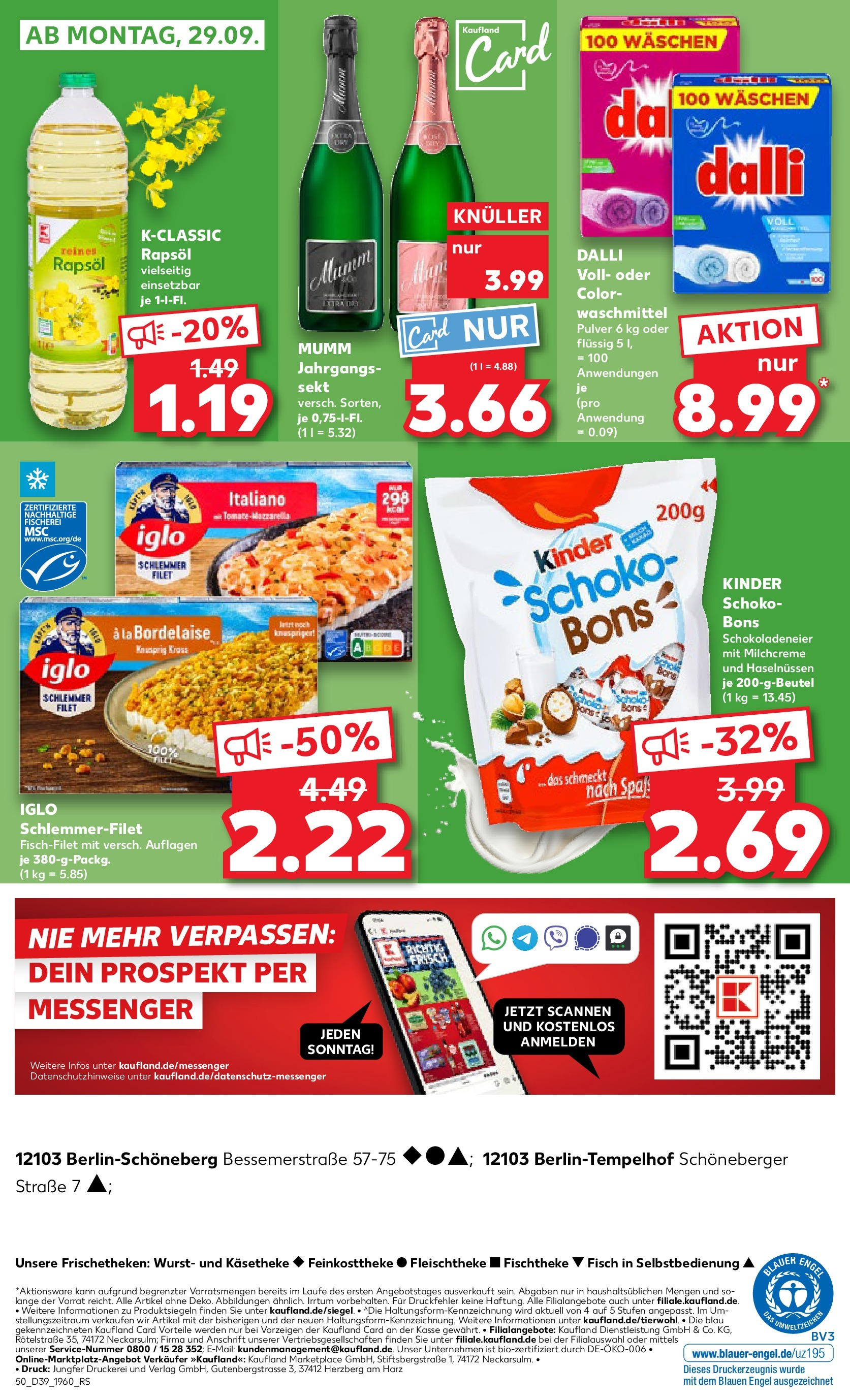 Prospekt Kaufland ab 25.09.2025 » Angebote Online zum Blättern | Seite: 50 | Produkte: Rapsöl, Sekt, Wurst, Iglo schlemmerfilet
