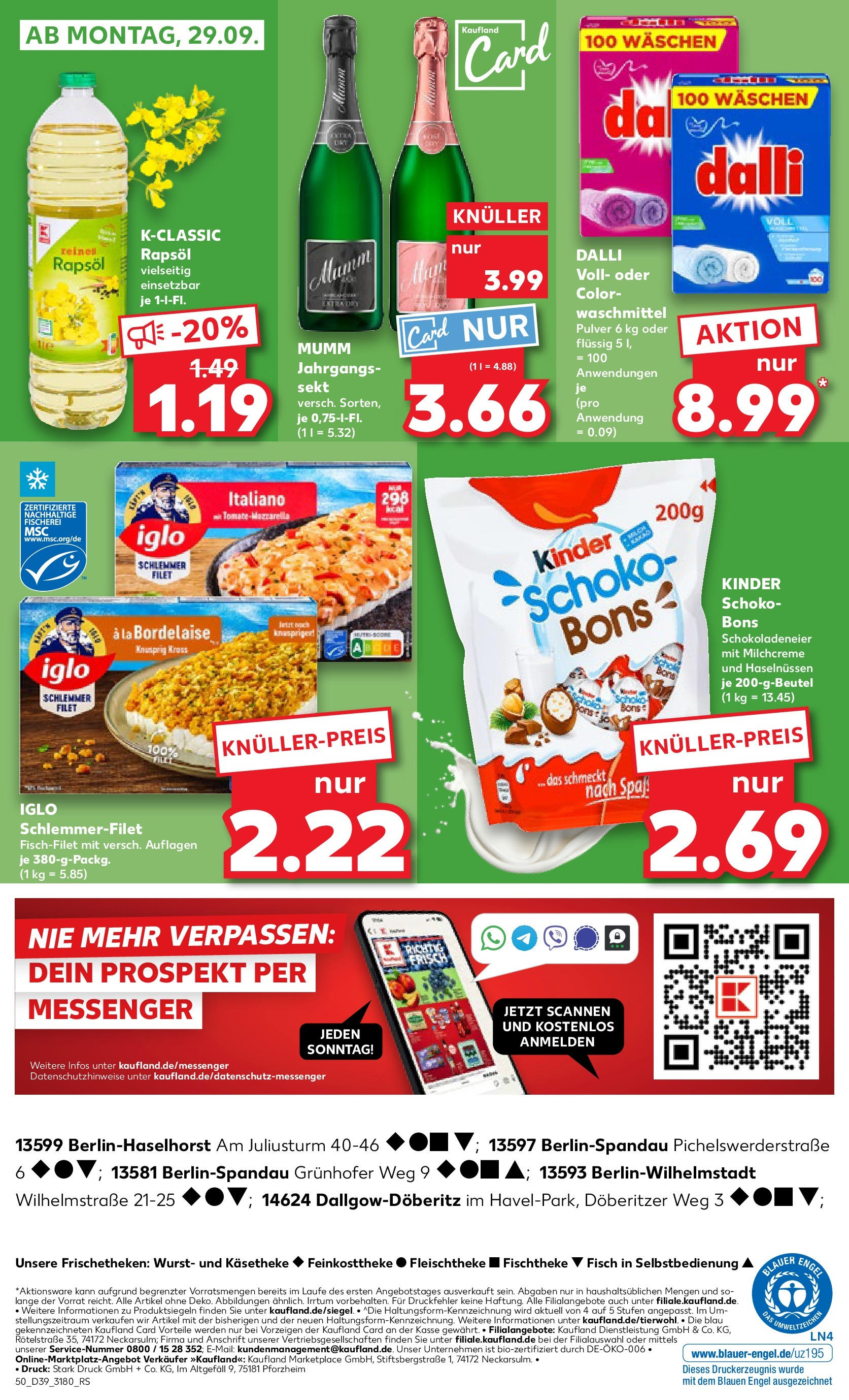 Prospekt Kaufland ab 25.09.2025 » Angebote Online zum Blättern | Seite: 50 | Produkte: Rapsöl, Sekt, Iglo, Waschmittel