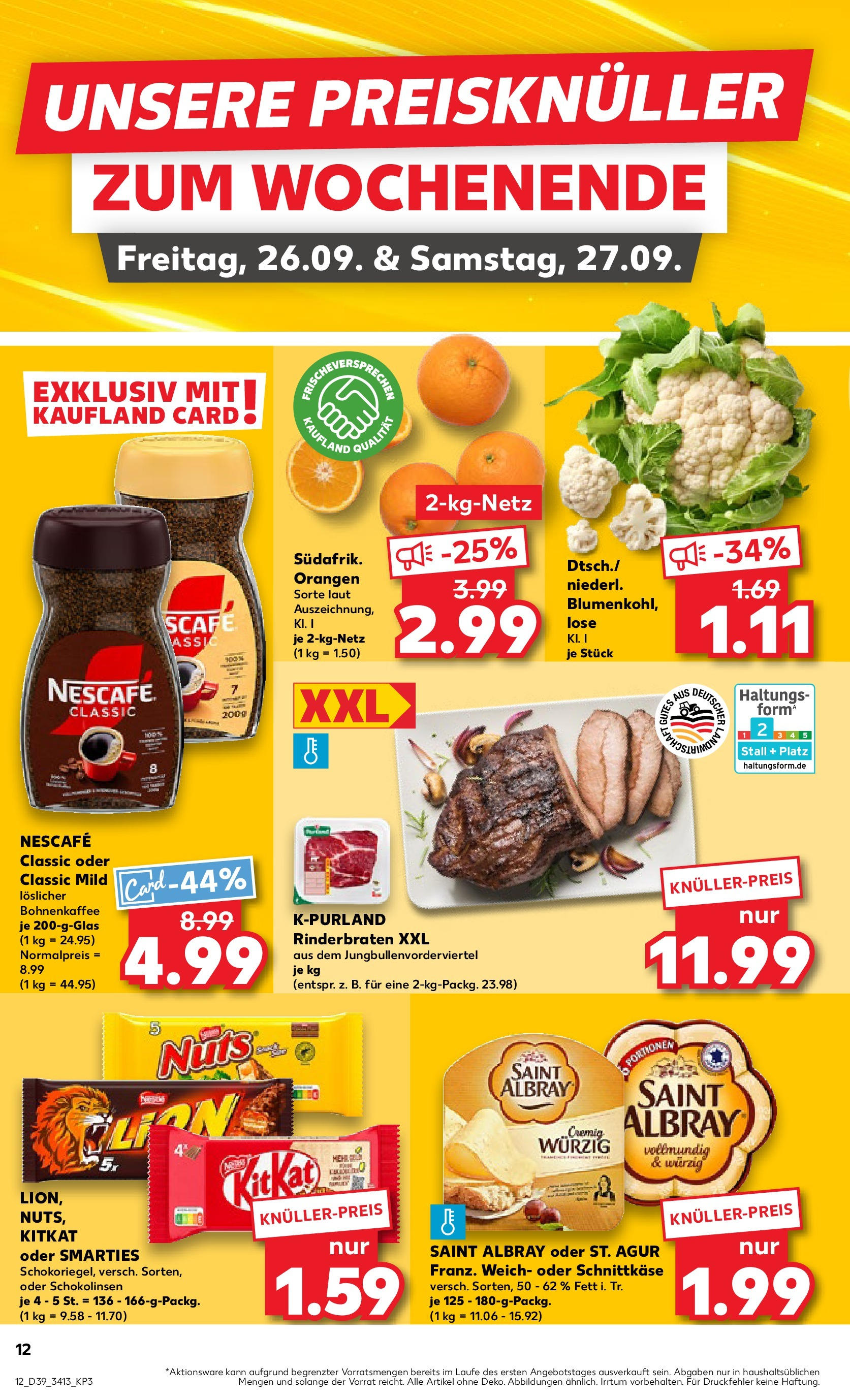 Prospekt Kaufland ab 25.09.2025 » Angebote Online zum Blättern | Seite: 12 | Produkte: Rinderbraten, Nescafe, Orangen, Nescafe classic