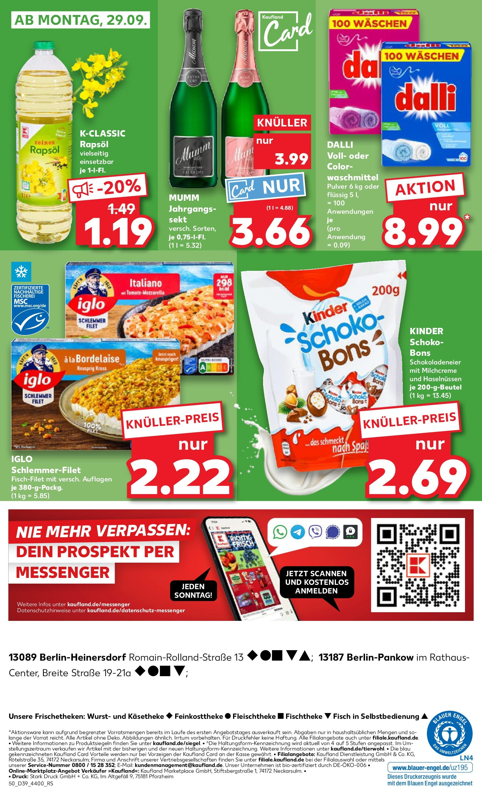 Prospekt Kaufland ab 25.09.2025 » Angebote Online zum Blättern | Seite: 50 | Produkte: Rapsöl, Sekt, Iglo, Wurst