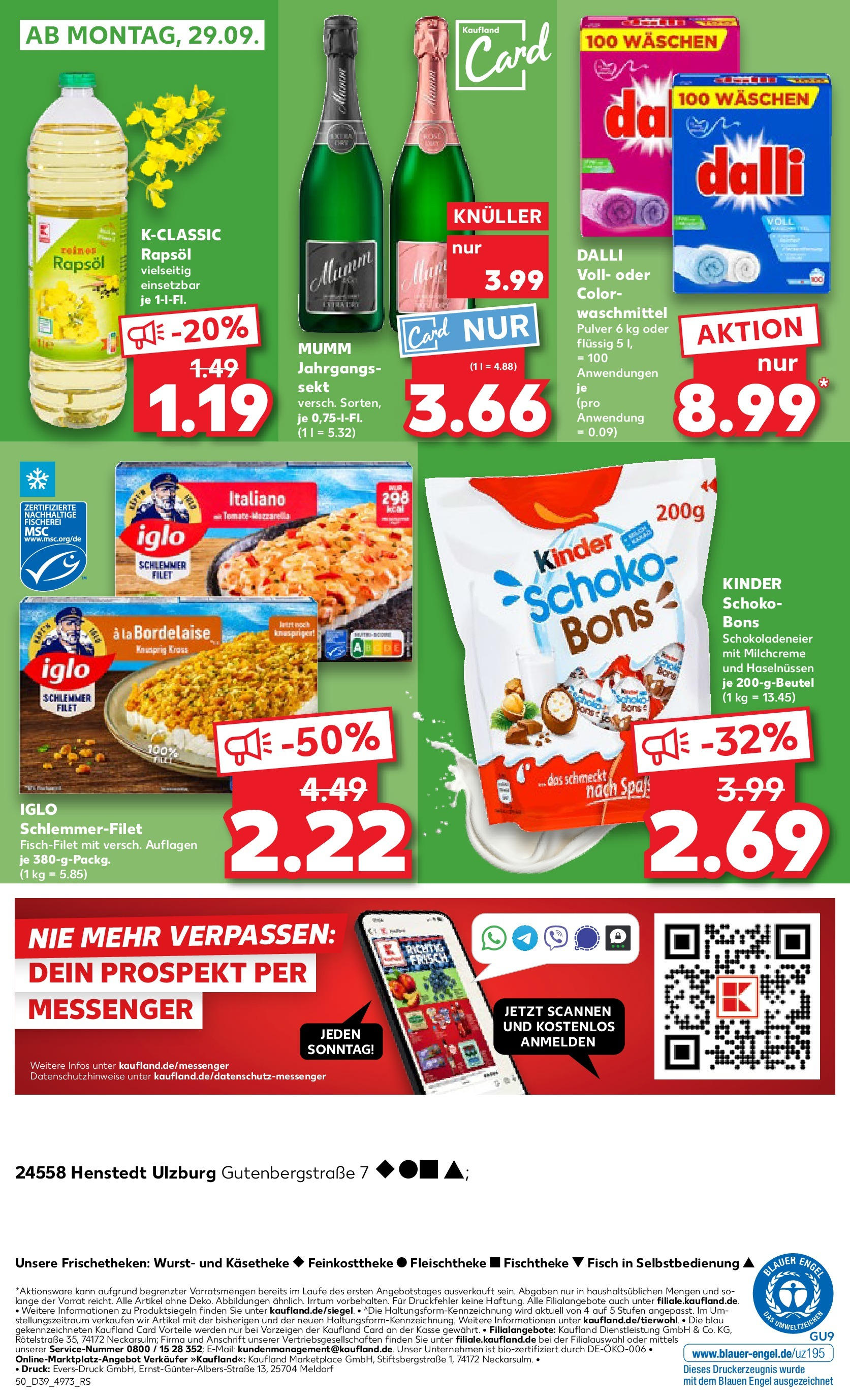 Prospekt Kaufland ab 25.09.2025 » Angebote Online zum Blättern | Seite: 50 | Produkte: Rapsöl, Iglo, Fisch, Wurst