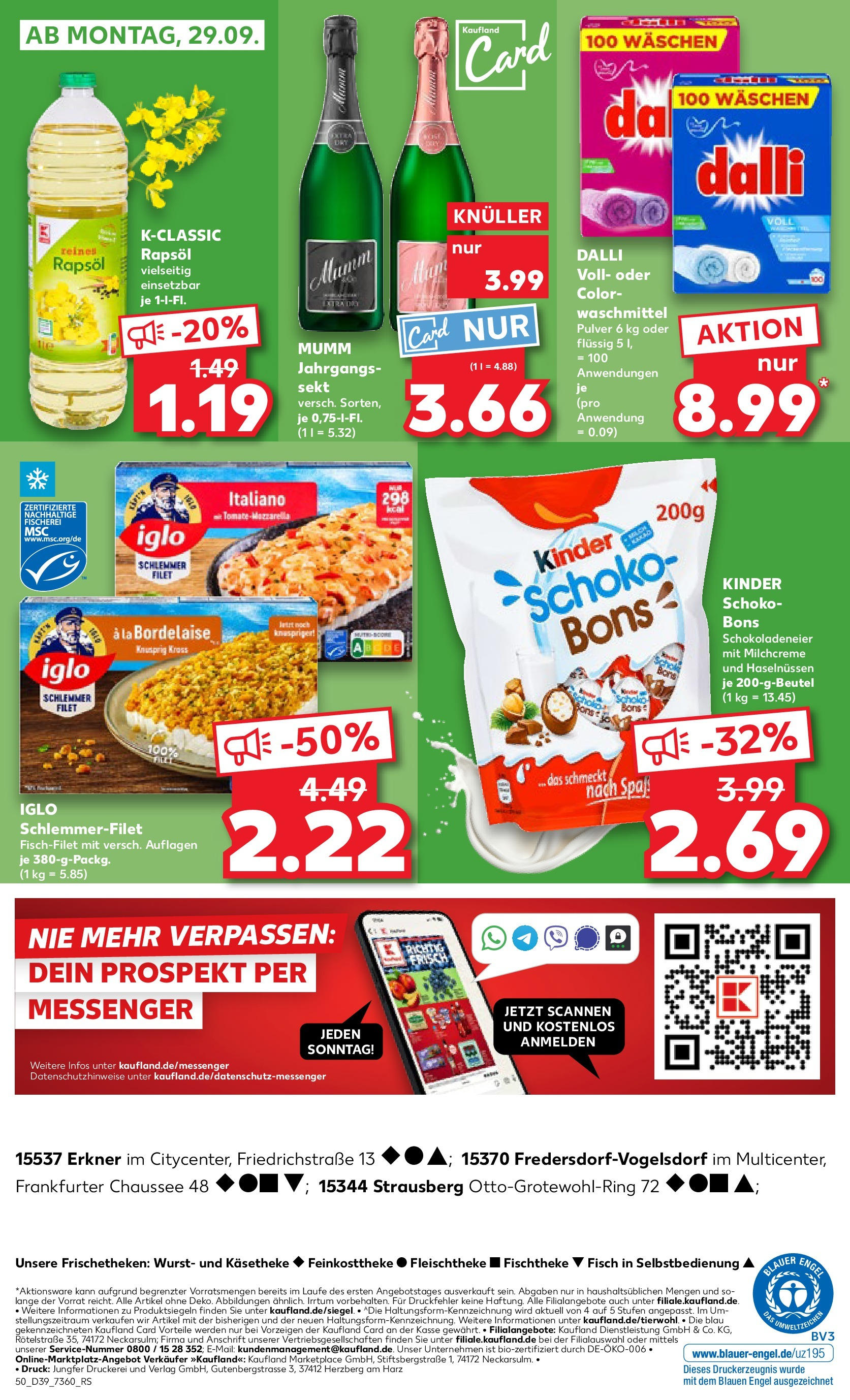 Prospekt Kaufland ab 25.09.2025 » Angebote Online zum Blättern | Seite: 50 | Produkte: Sekt, Fisch, Wurst, Iglo schlemmerfilet