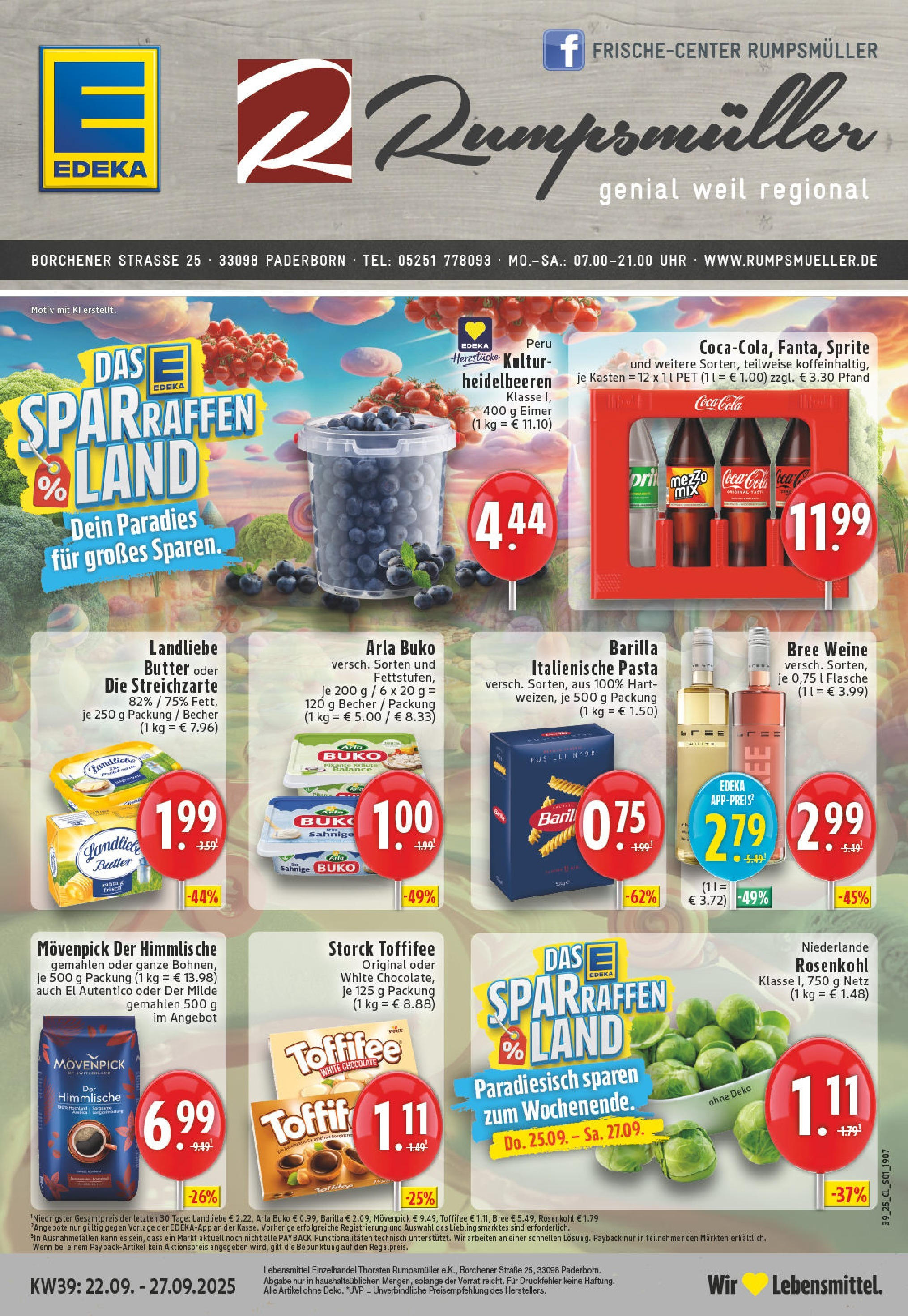 Edeka prospekt Paderborn	 (ab 21.09.2025) » Angebote Online | Seite: 1 | Produkte: Coca cola, Cola, Landliebe butter, Uhr