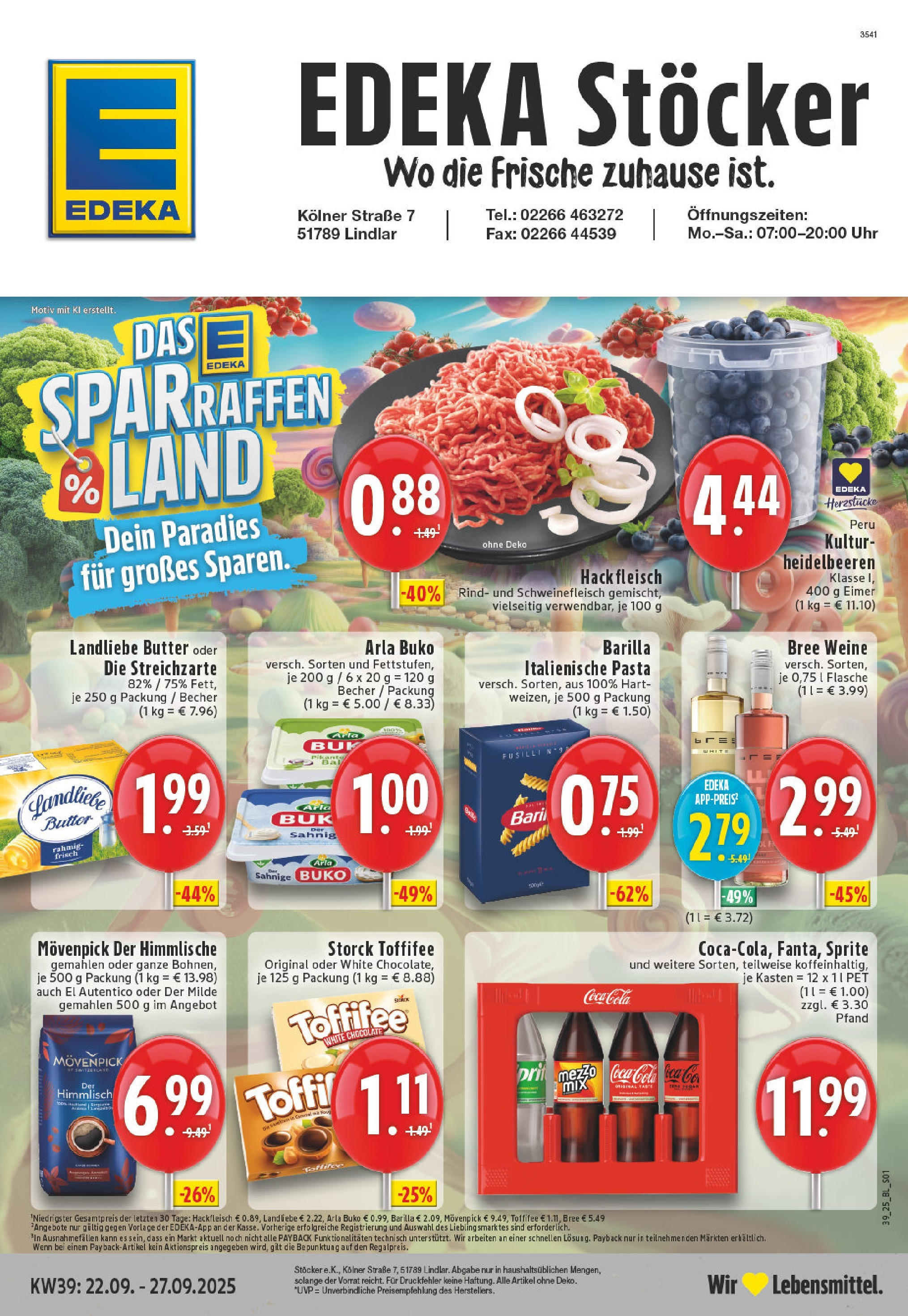 Edeka prospekt Lindlar (ab 21.09.2025) » Angebote Online | Seite: 1 | Produkte: Cola, Bree, Heidelbeeren, Schweinefleisch Edeka prospekt Lindlar (ab 21.09.2025) » Angebote Online | Seite: 1 | Produkte: Cola, Bree, Heidelbeeren, Schweinefleisch