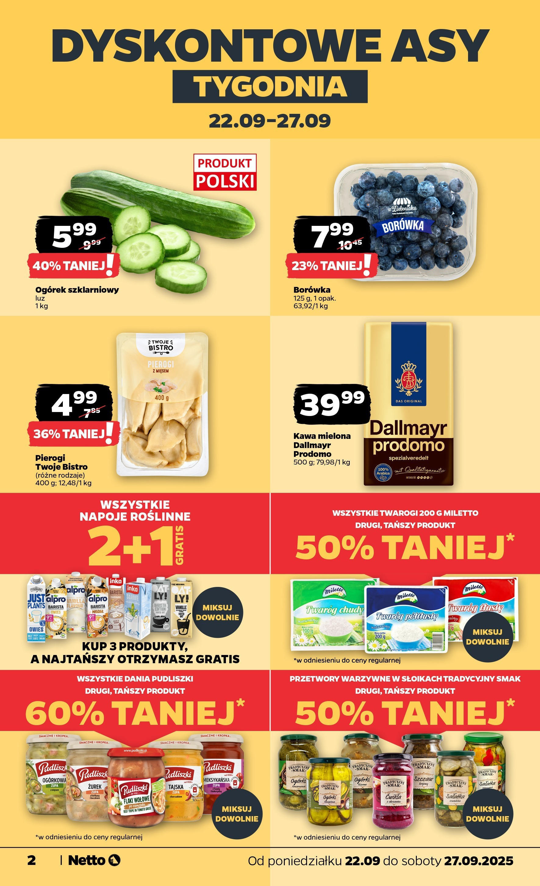 Netto gazetka - Spożywcza od 22.09.2025 - Aktualne promocje | Strona: 2 | Produkty: Pierogi, Kawa, Ogórki, Twaróg