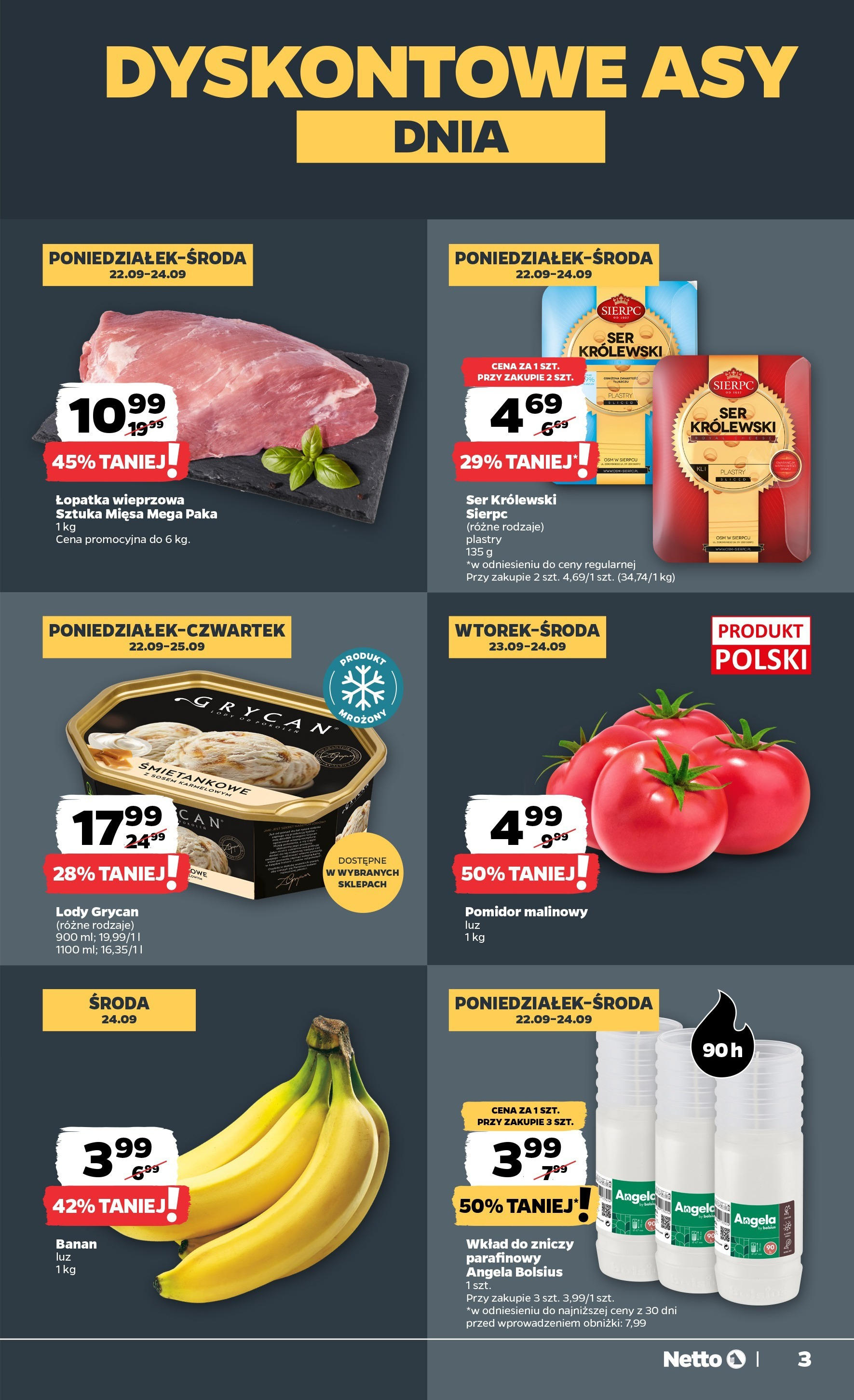 Netto gazetka - Spożywcza od 22.09.2025 - Aktualne promocje | Strona: 3 | Produkty: Pomidor malinowy, Lody Grycan, Ser, Banan