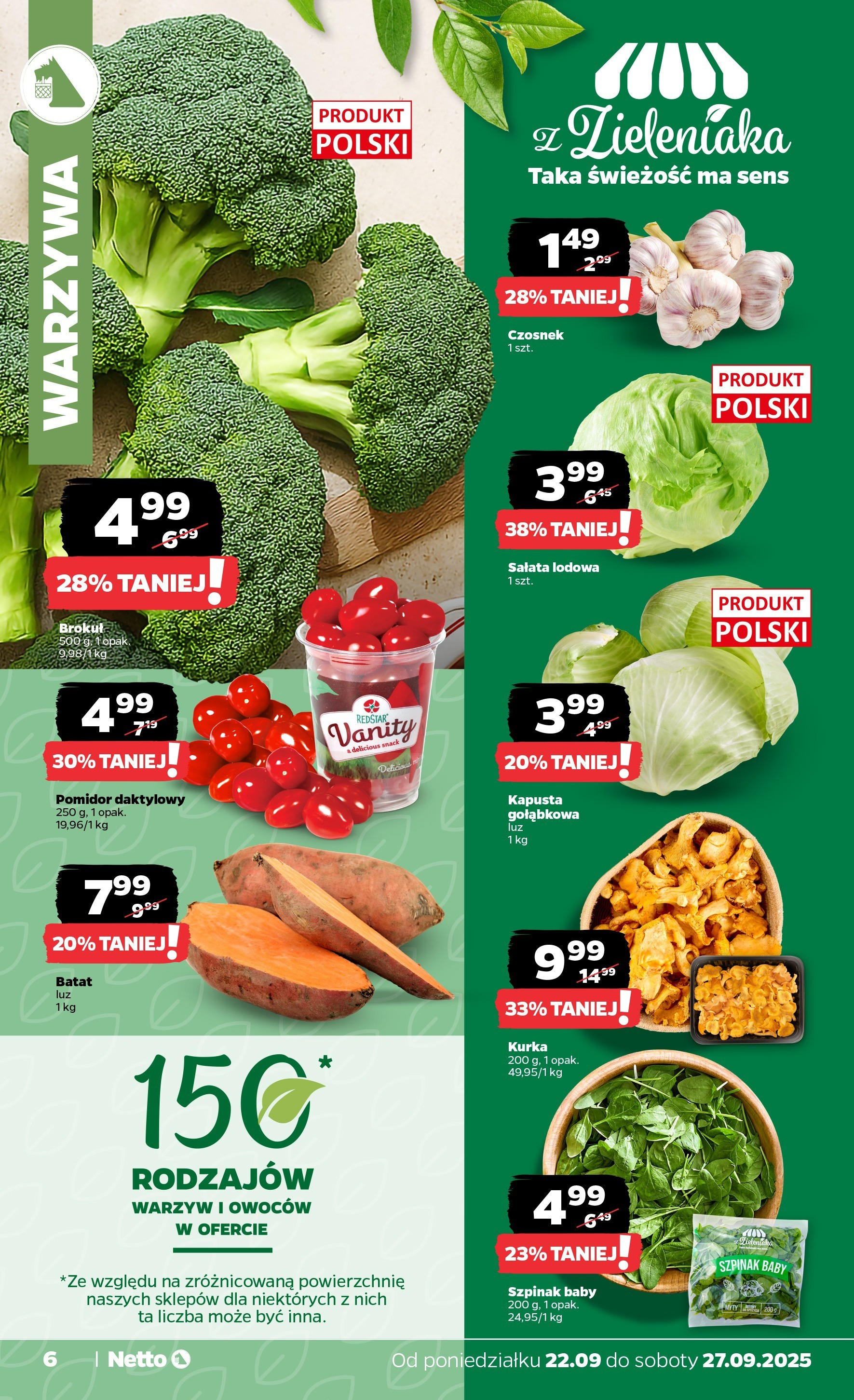 Netto gazetka - Spożywcza od 22.09.2025 - Aktualne promocje | Strona: 6 | Produkty: Kapusta, Batat, Szpinak, Warzywa