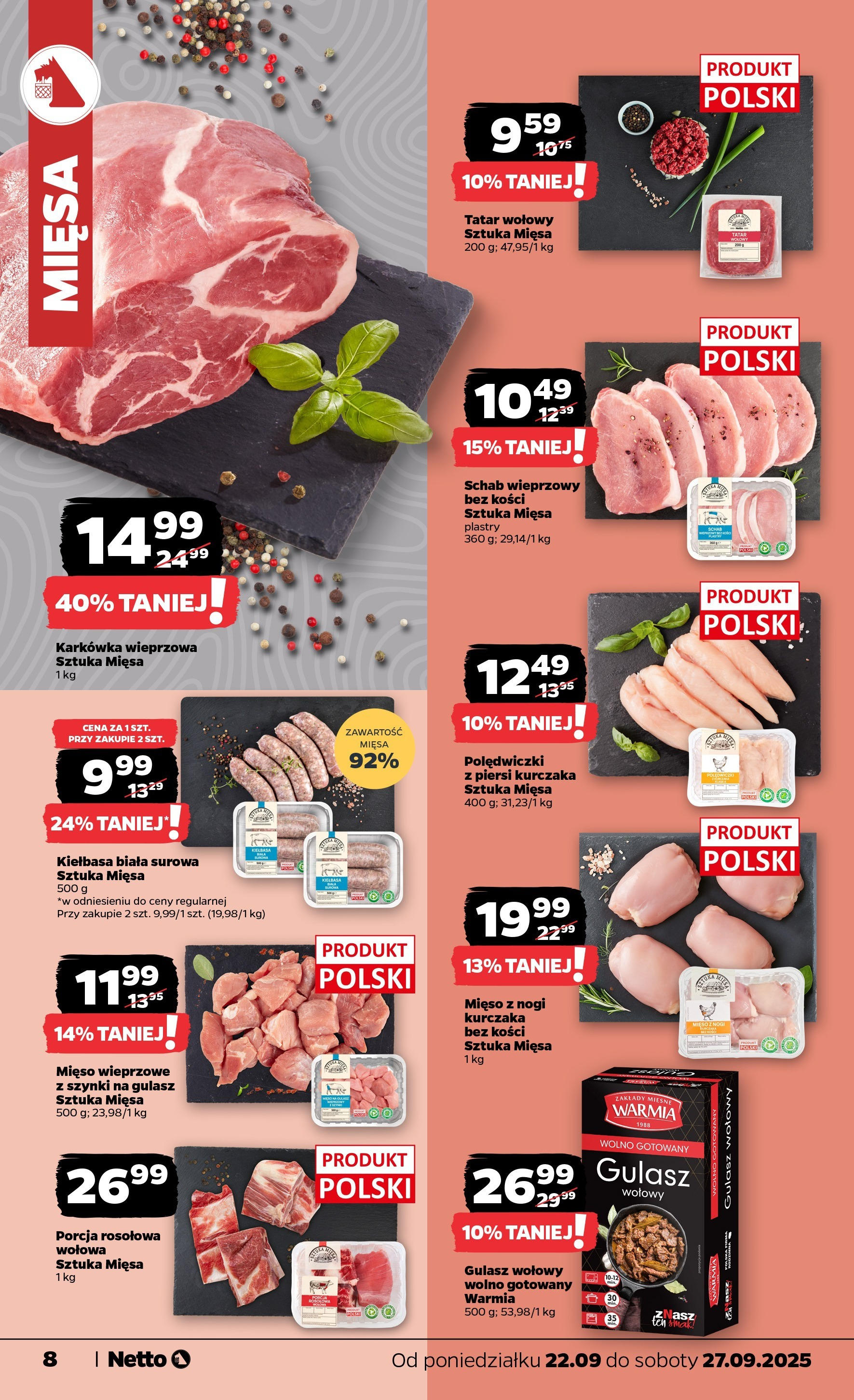 Netto gazetka - Spożywcza od 22.09.2025 - Aktualne promocje | Strona: 8 | Produkty: Kiełbasa, Schab, Piersi, Karkówka wieprzowa