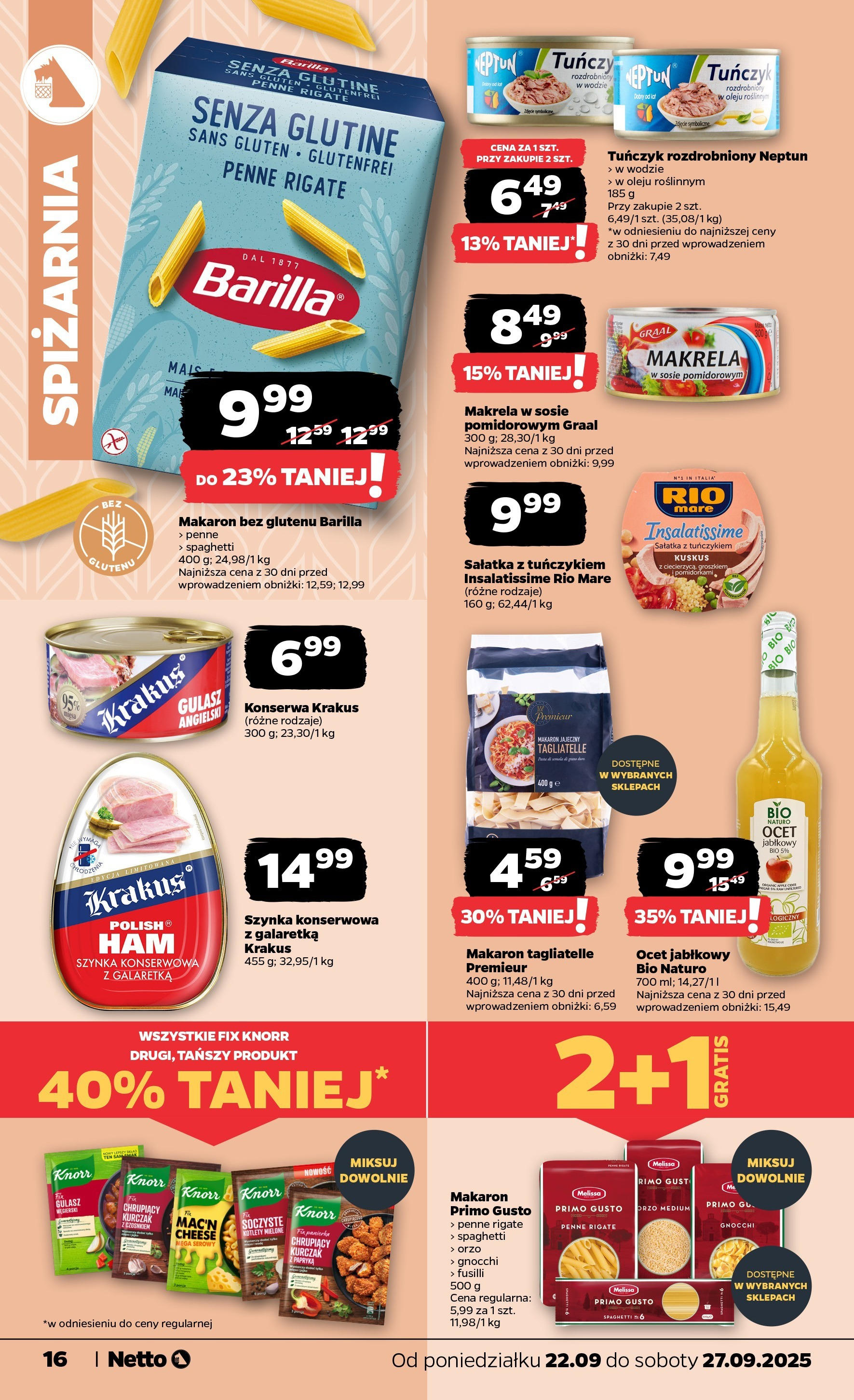 Netto gazetka - Spożywcza od 22.09.2025 - Aktualne promocje | Strona: 16 | Produkty: Ocet jabłkowy, Tagliatelle, Gulasz, Kotlety