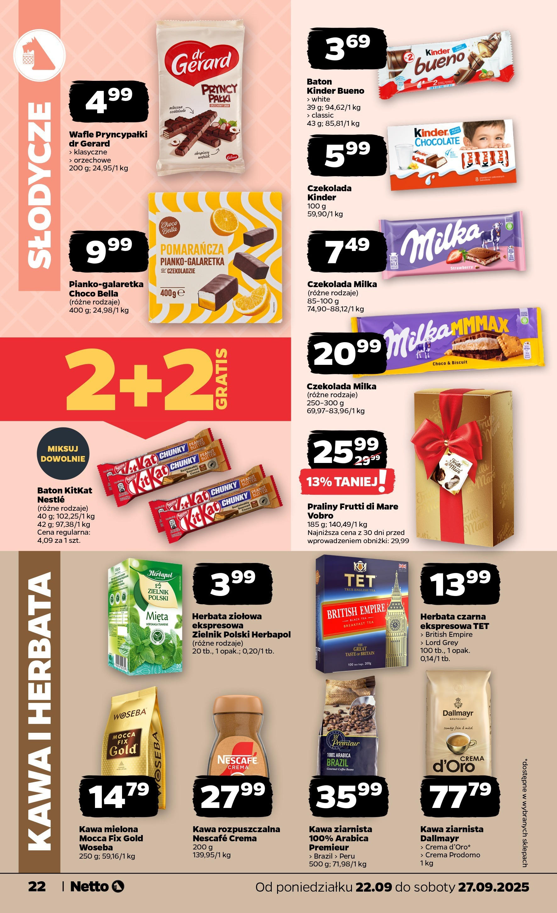 Netto gazetka - Spożywcza od 22.09.2025 - Aktualne promocje | Strona: 22 | Produkty: Słodycze, Wafle, Praliny, Czekolada