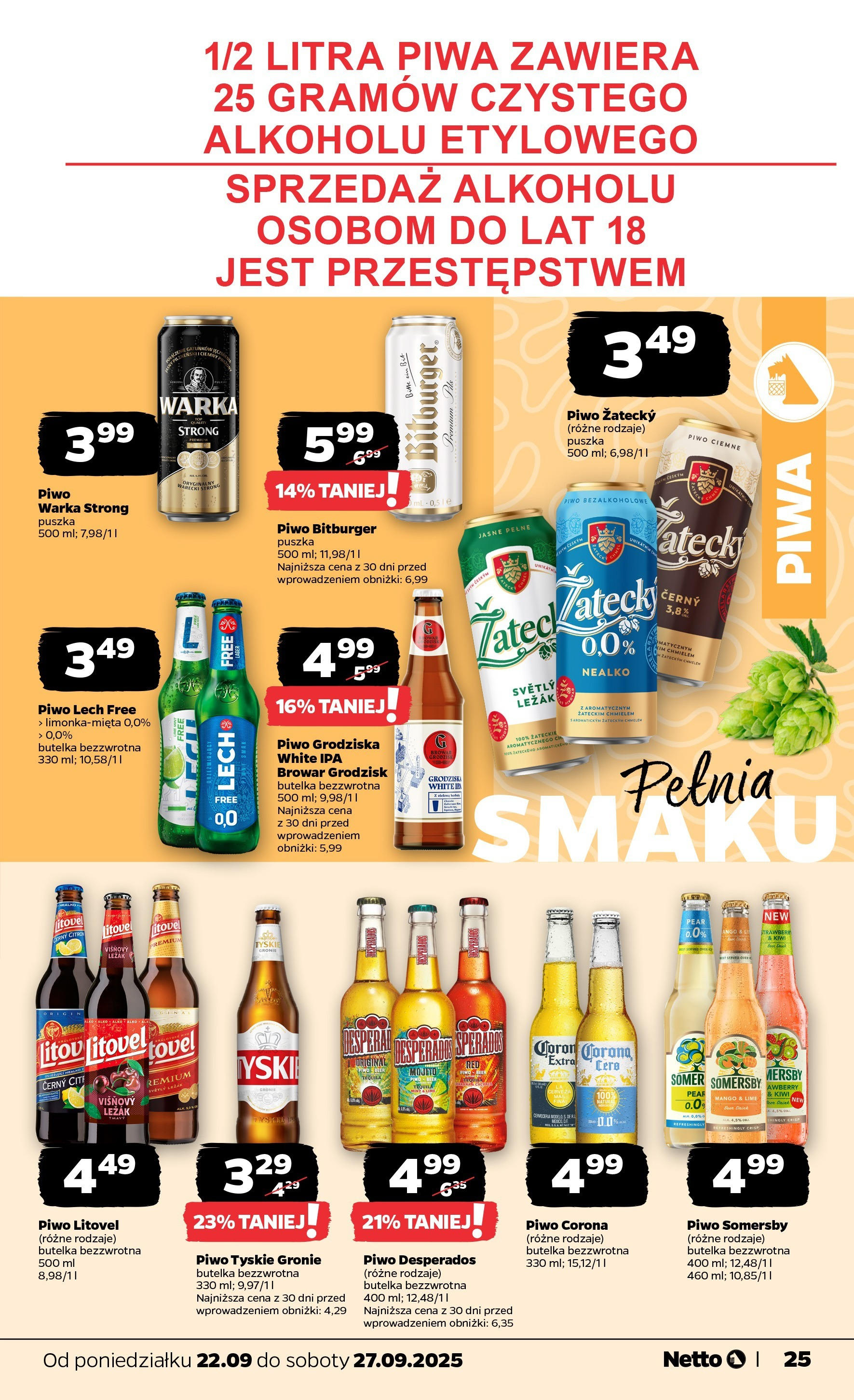 Netto gazetka - Spożywcza od 22.09.2025 - Aktualne promocje | Strona: 25 | Produkty: Piwo Somersby, Piwo Desperados, Warka, Tyskie
