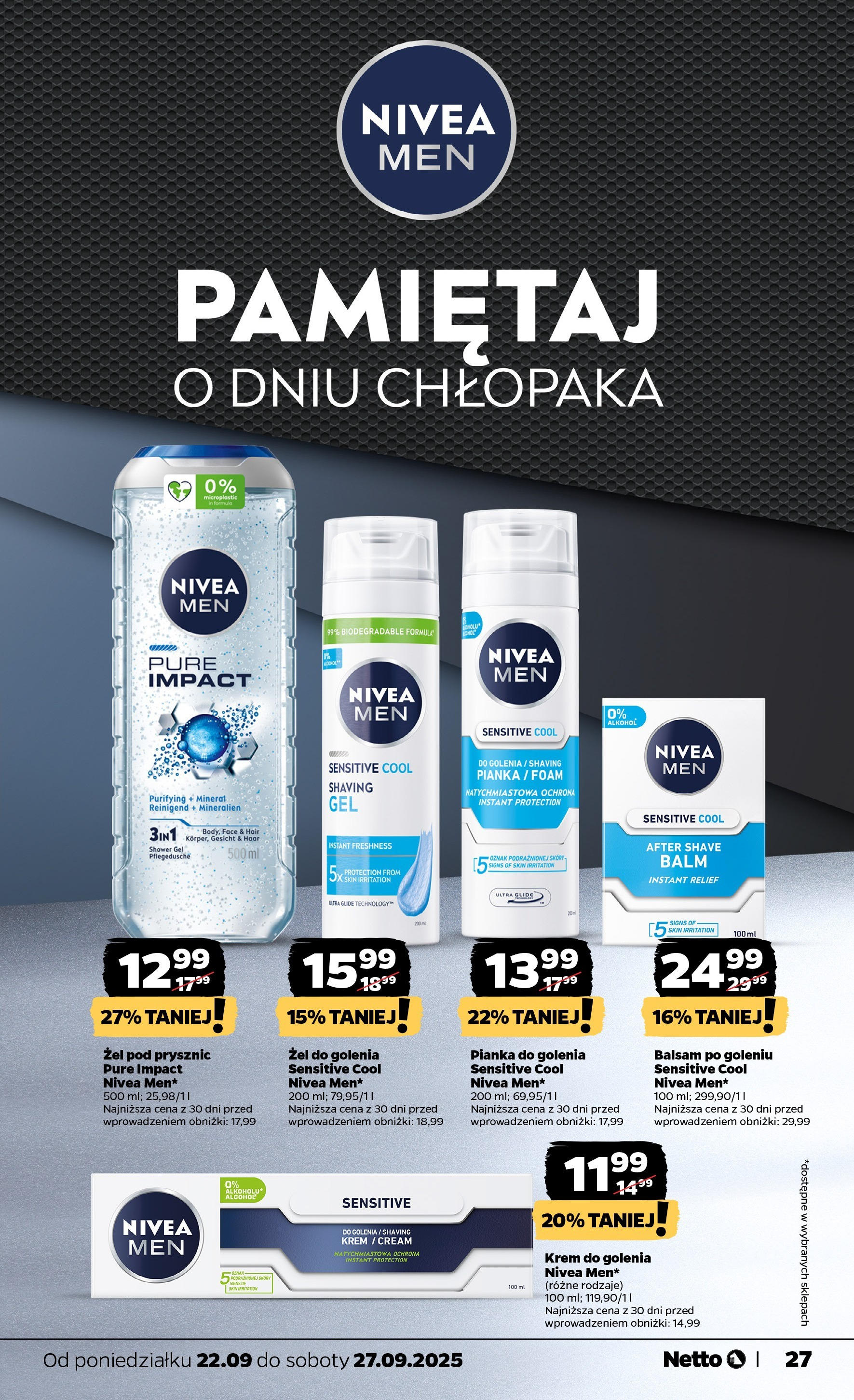 Netto gazetka - Spożywcza od 22.09.2025 - Aktualne promocje | Strona: 27 | Produkty: Prysznic, Pianka do golenia, Krem, Alkohol