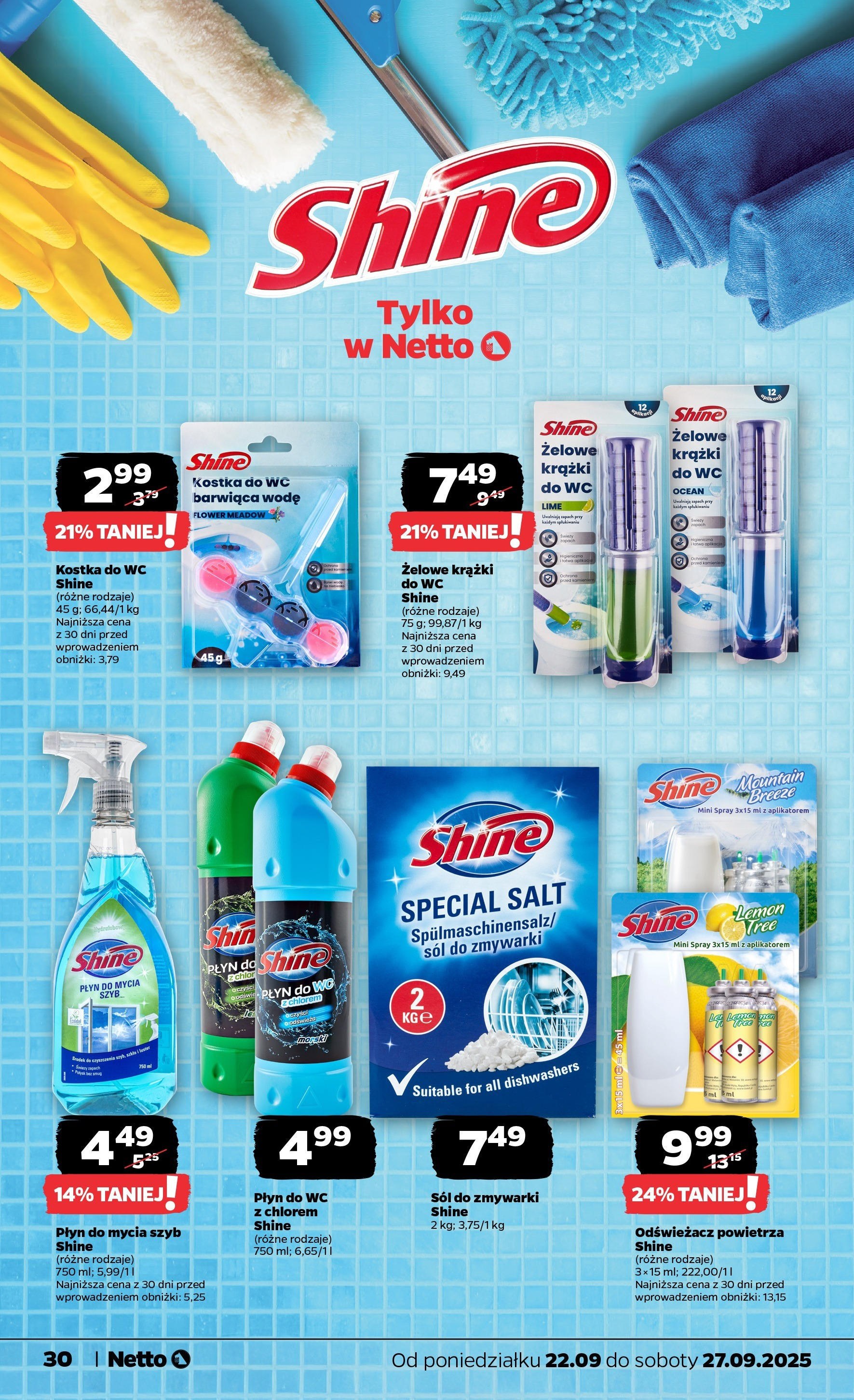 Netto gazetka - Spożywcza od 22.09.2025 - Aktualne promocje | Strona: 30 | Produkty: Płyn do mycia szyb, Odświeżacz powietrza, Sól do zmywarki, Sól