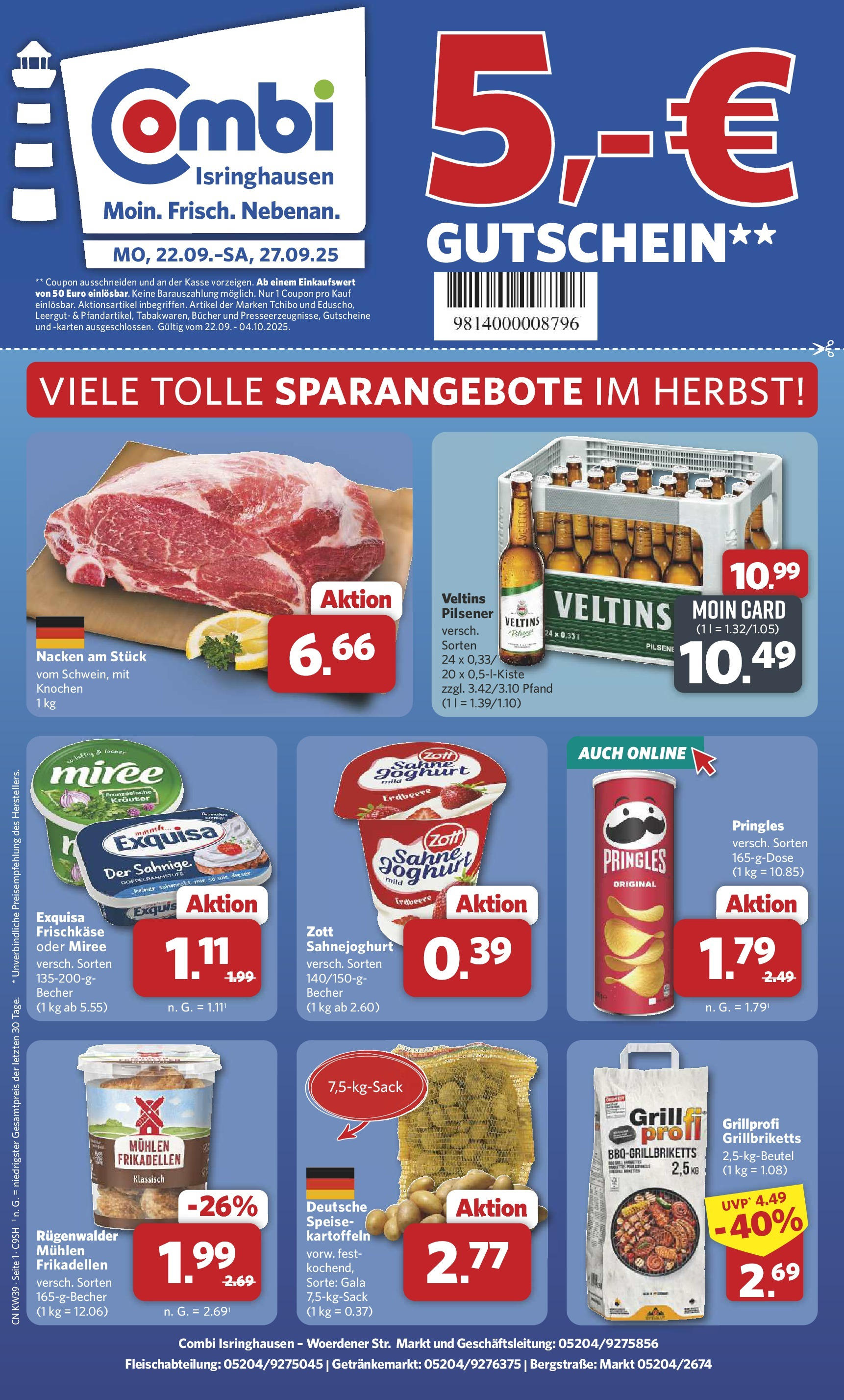 Combi Prospekt Steinhagen	 (ab 21.09.2025) zum Blättern | Seite: 1 | Produkte: Exquisa, Pringles, Sahne, Veltins