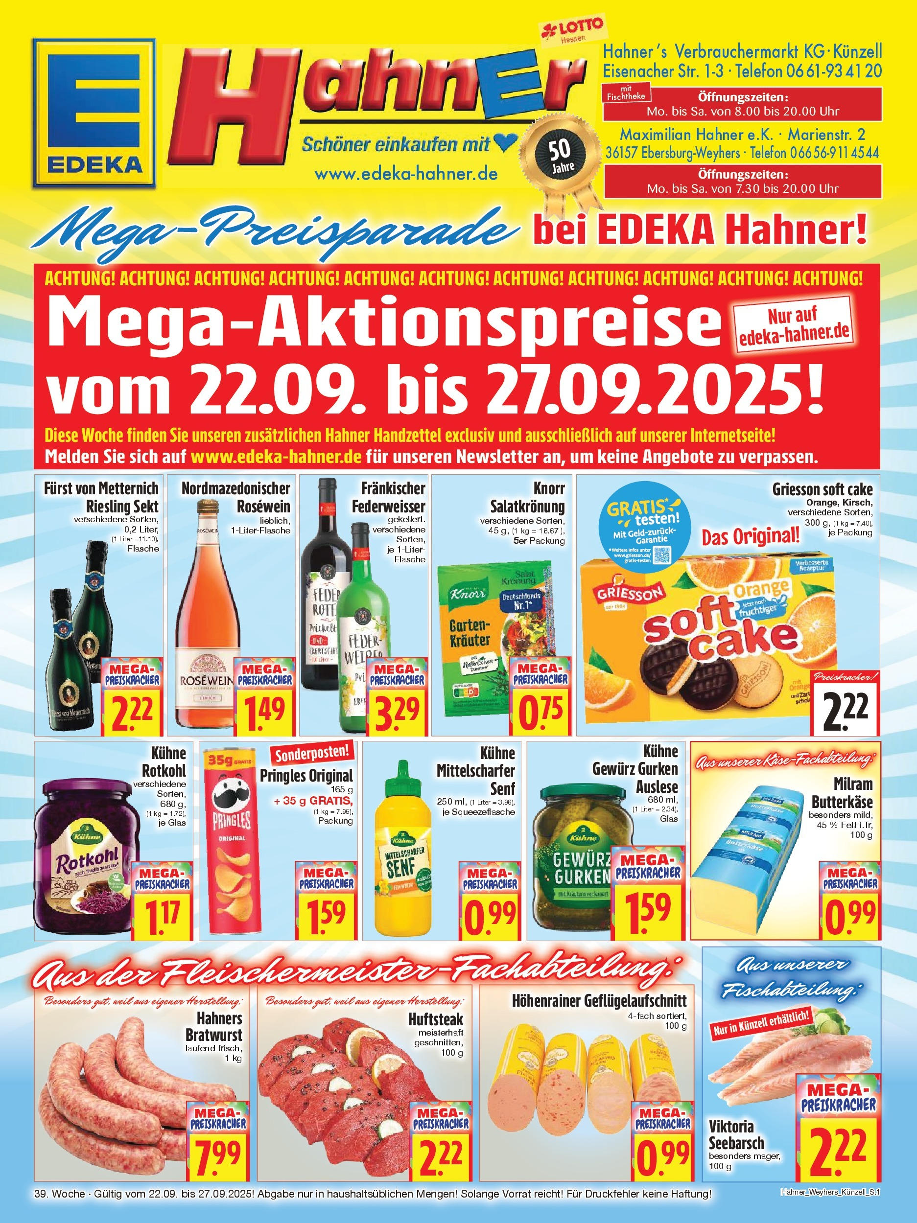 Entdecke - Edeka Hahner: Wochenangebote (ab 21.09.2025) zum Blättern | Seite: 1 | Produkte: Rotkohl, Sekt, Bratwurst, Pringles