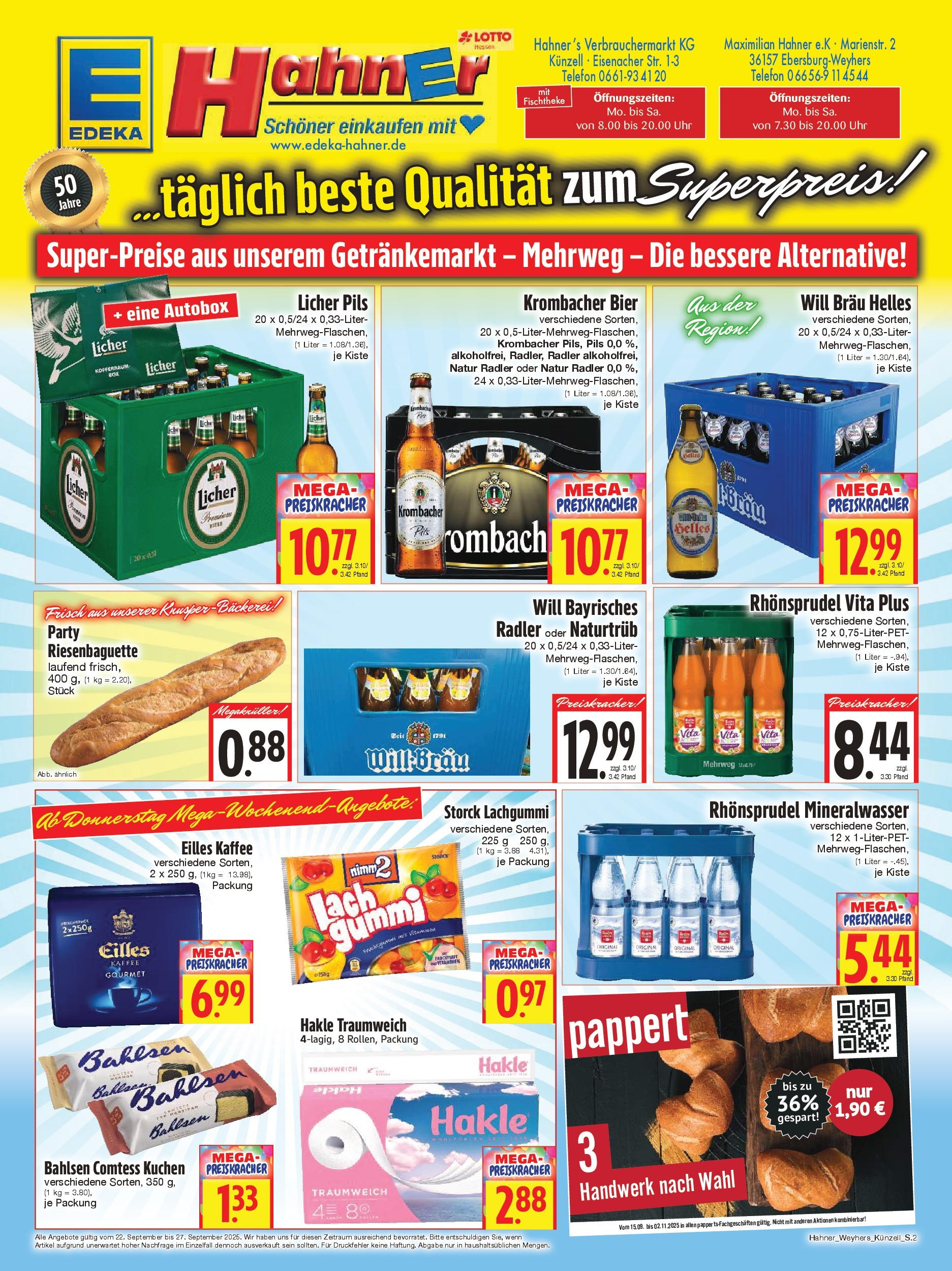 Entdecke - Edeka Hahner: Wochenangebote (ab 21.09.2025) zum Blättern | Seite: 2 | Produkte: Kaffee, Krombacher, Kuchen, Telefon
