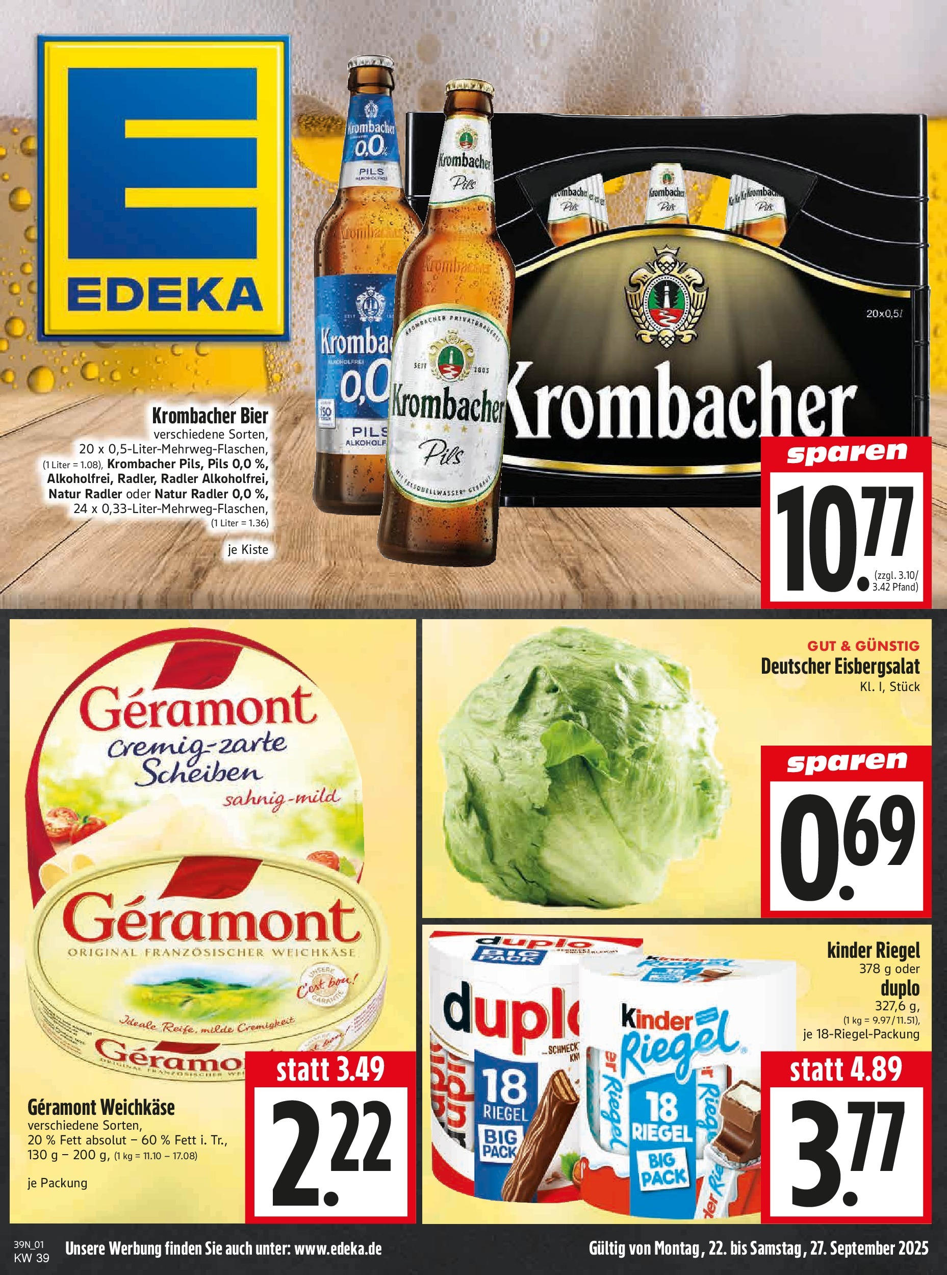 Entdecke - Edeka Hahner: Wochenangebote (ab 21.09.2025) zum Blättern | Seite: 3 | Produkte: Geramont, Pils, Kinder riegel, Radler