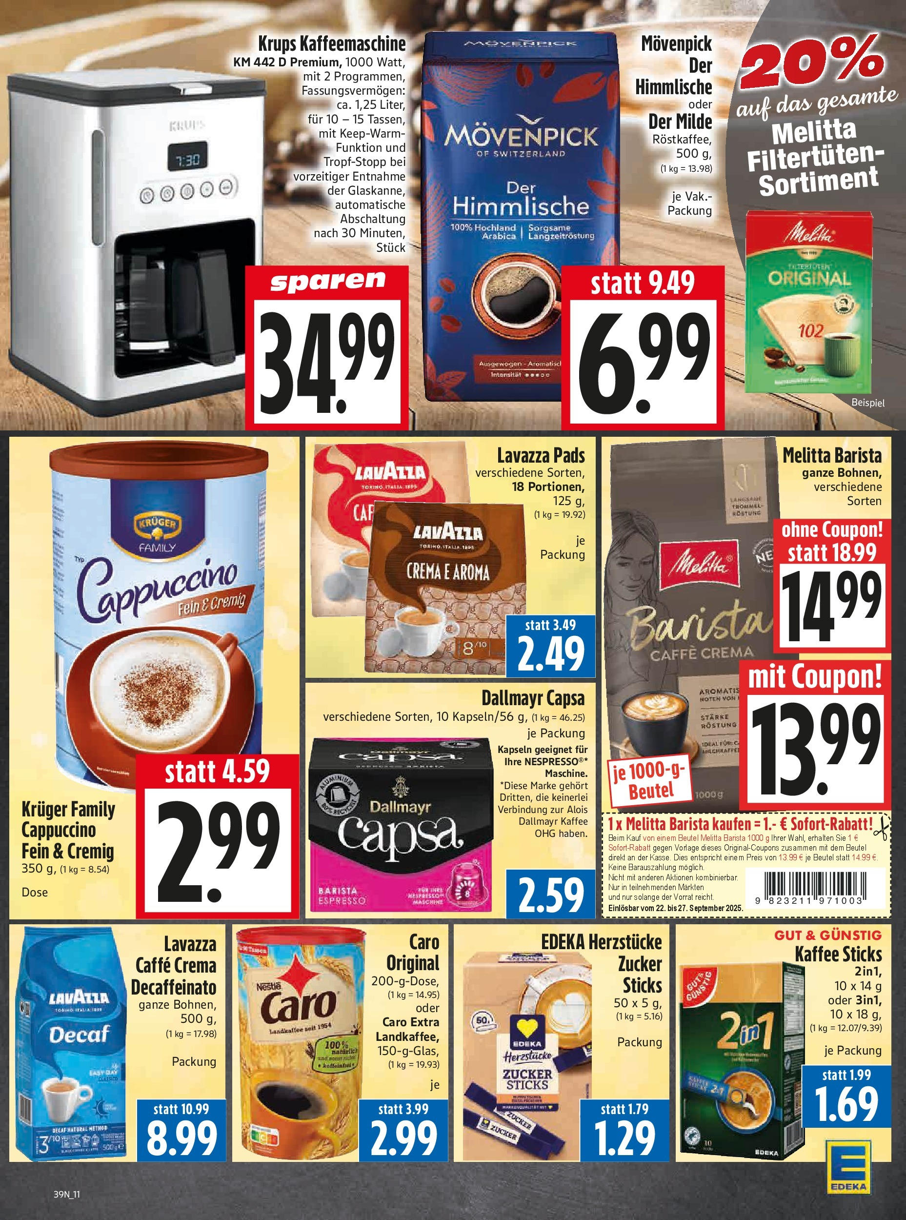 Entdecke - Edeka Hahner: Wochenangebote (ab 21.09.2025) zum Blättern | Seite: 13 | Produkte: Krups, Kaffeemaschine, Zucker, Dallmayr capsa