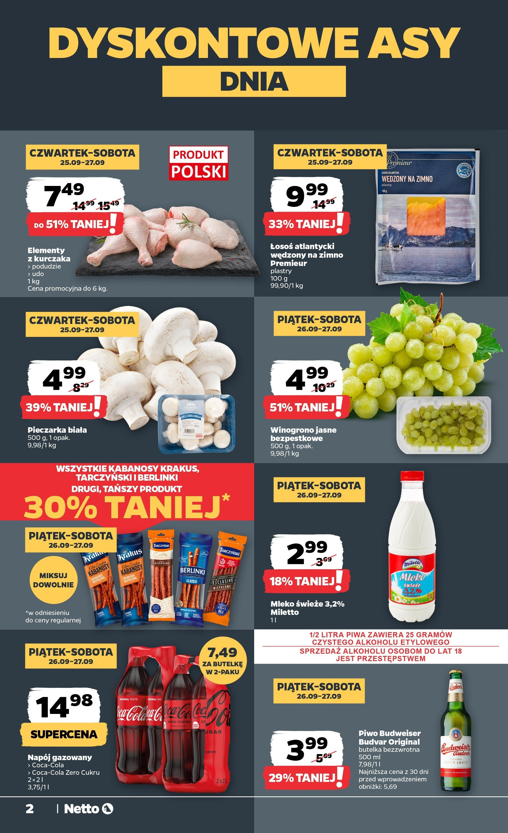 Netto gazetka - Spożywcza od 25.09.2025 - Aktualne promocje | Strona: 2 | Produkty: Łosoś atlantycki, Kabanosy, Łosoś, Mleko