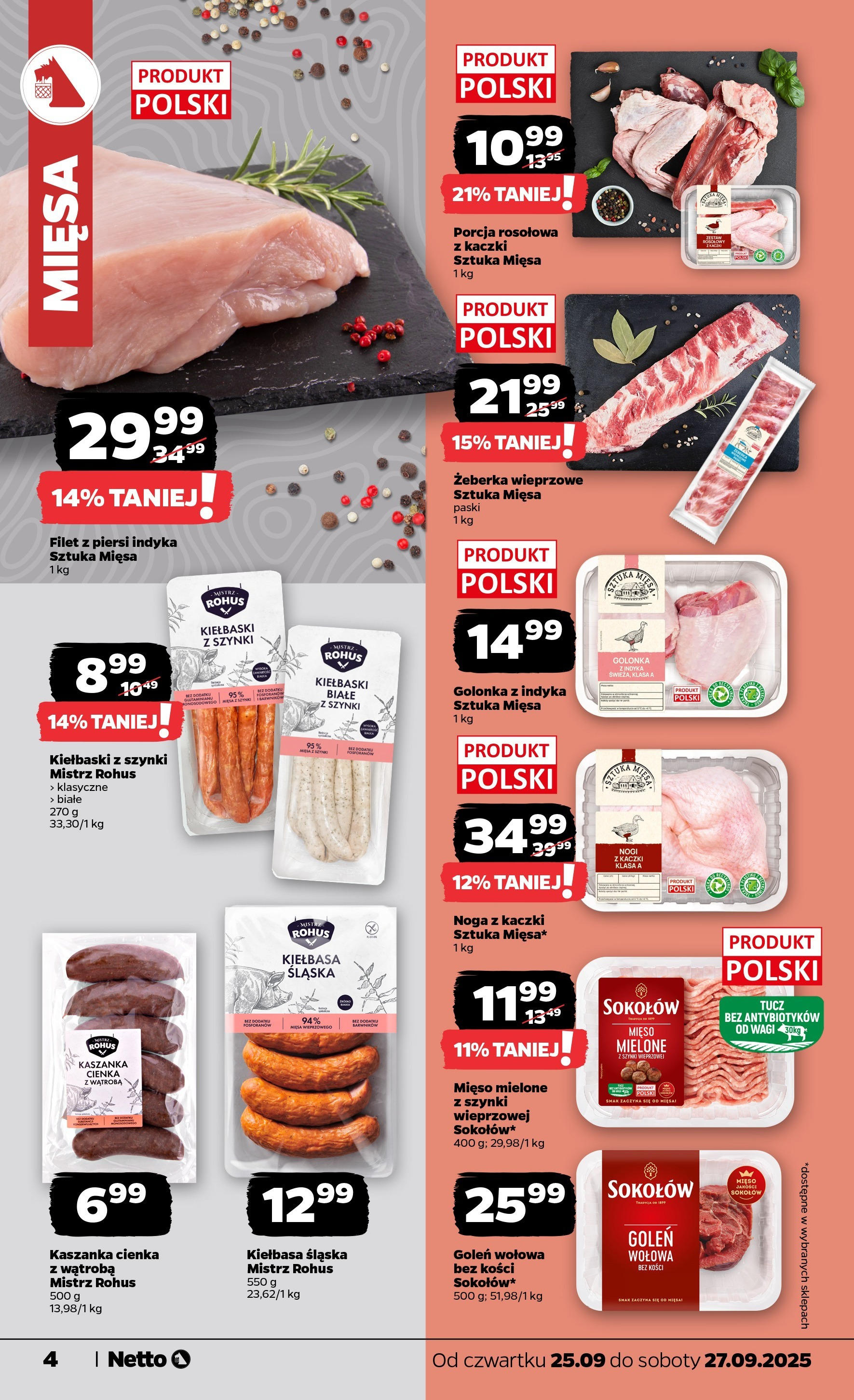 Netto gazetka - Spożywcza od 25.09.2025 - Aktualne promocje | Strona: 4 | Produkty: Kiełbasa, Piersi, Mięso, Kiełbasa śląska