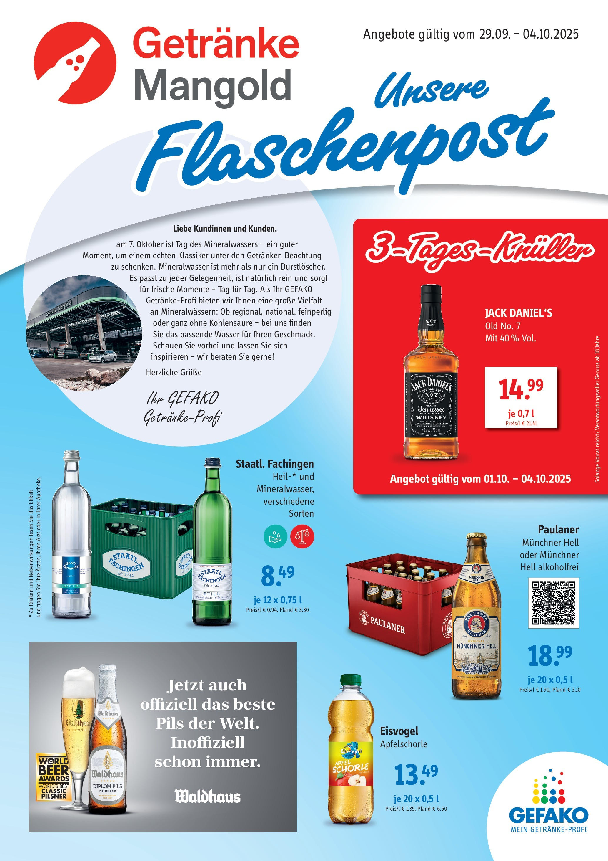 Entdecke - Getränke Mangold: Angebote (ab 28.09.2025) zum Blättern | Seite: 1 | Produkte: Pils, Jack Daniel's, Mineralwasser, Whiskey
