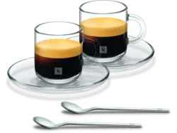 Nespresso Vertuo Espresso Tassen 2er Set, 80ml, aus Glas mit Untertasse und Kaffeelöffel; Espressogläser