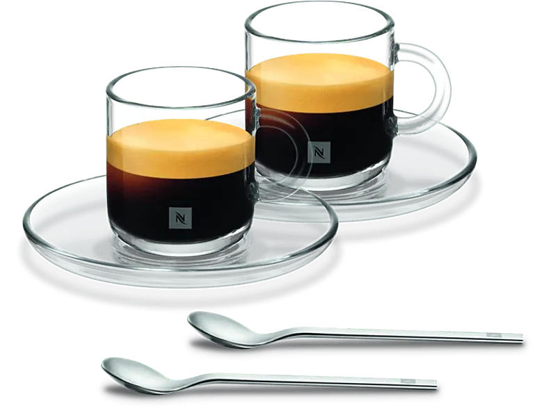 Nespresso Vertuo Espresso Tassen 2er Set, 80ml, aus Glas mit Untertasse und Kaffeelöffel; Espressogläser