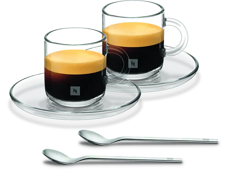 Nespresso Vertuo Espresso Tassen 2er Set, 80ml, aus Glas mit Untertasse und Kaffeelöffel; Espressogläser
