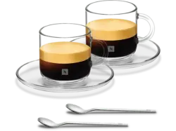 Nespresso Vertuo Double Espresso Set, 2er 180ml, Tassen aus Glas mit Untertasse und Kaffeelöffel; Espressogläser