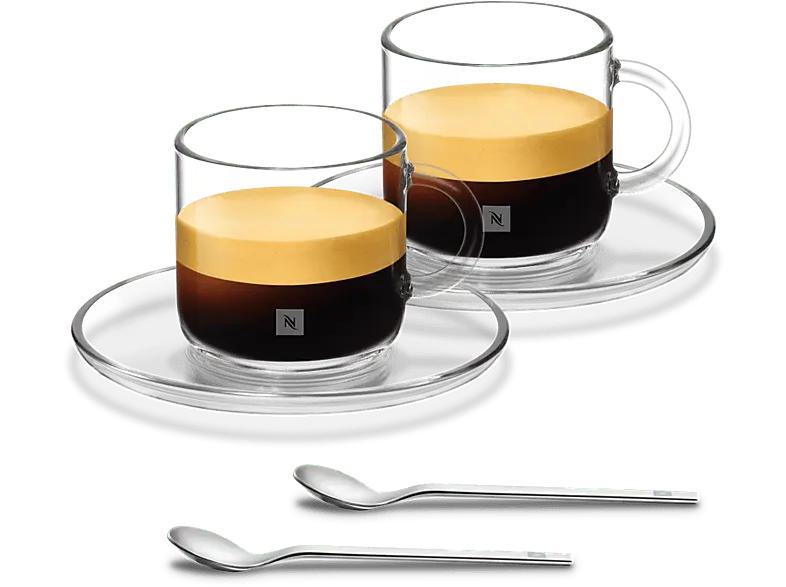 Nespresso Vertuo Double Espresso Set, 2er 180ml, Tassen aus Glas mit Untertasse und Kaffeelöffel; Espressogläser