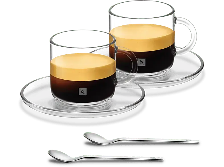 Nespresso Vertuo Double Espresso Set, 2er 180ml, Tassen aus Glas mit Untertasse und Kaffeelöffel; Espressogläser