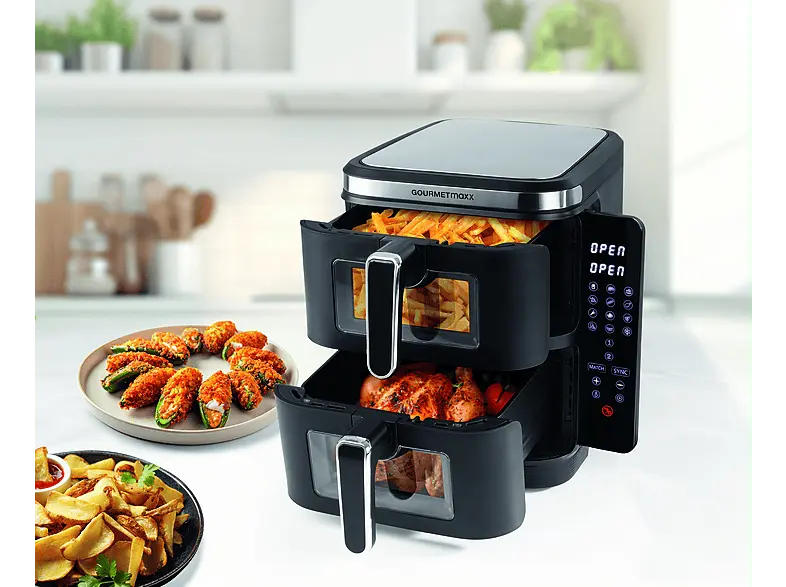 Gourmetmaxx 16509 Fryup Vertikale Heißluftfritteuse 5+5 l, Schwarz