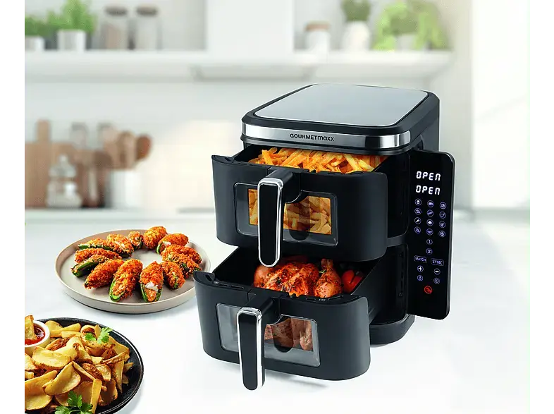 Gourmetmaxx 16509 Fryup Vertikale Heißluftfritteuse 5+5 l, Schwarz