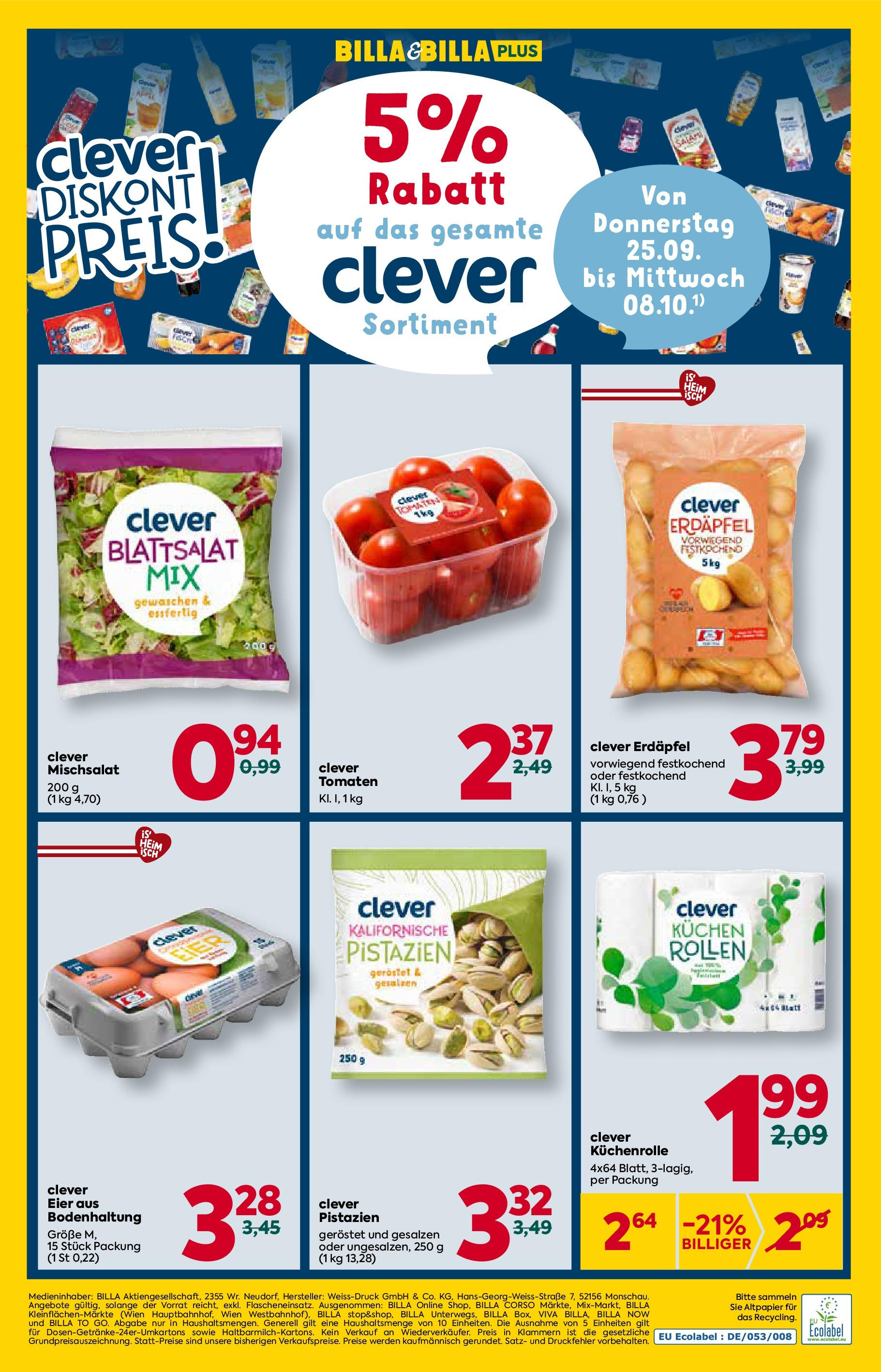 Billa Clever Wien, Moedling, Bad Radkersburg ab 25.09.2025 - Angebote, Prospekt | Seite: 1 | Produkte: Eier, Tomaten