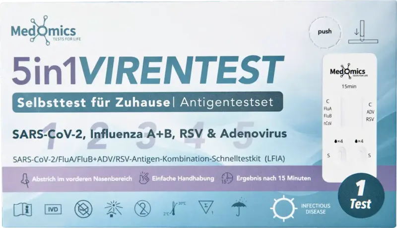 Medomics 5in1 Virentest Selbsttest SARS-CoV-2, Influenza A/B, RSV & Adenovirus