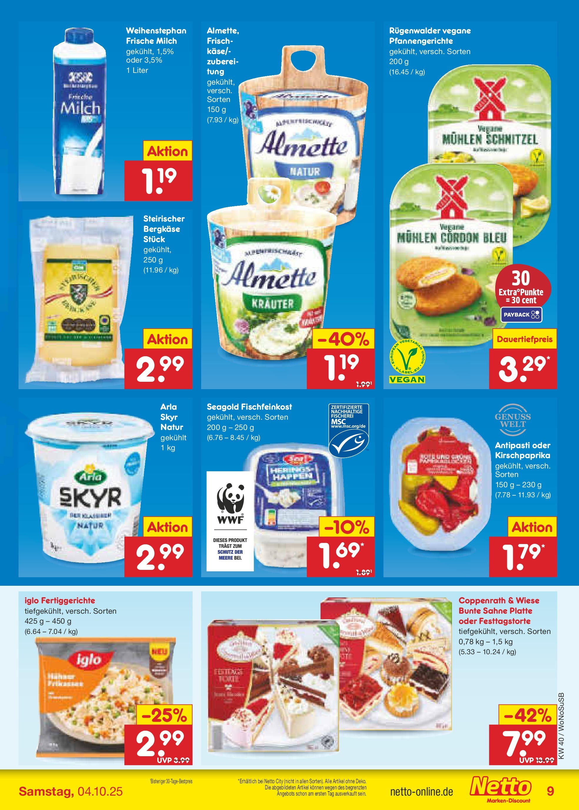 Netto Marken-Discount prospekt Frankfurt Am Main	 (ab 28.09.2025) » Angebote | Seite: 9 | Produkte: Almette, Schnitzel, Fertiggerichte, Sahne