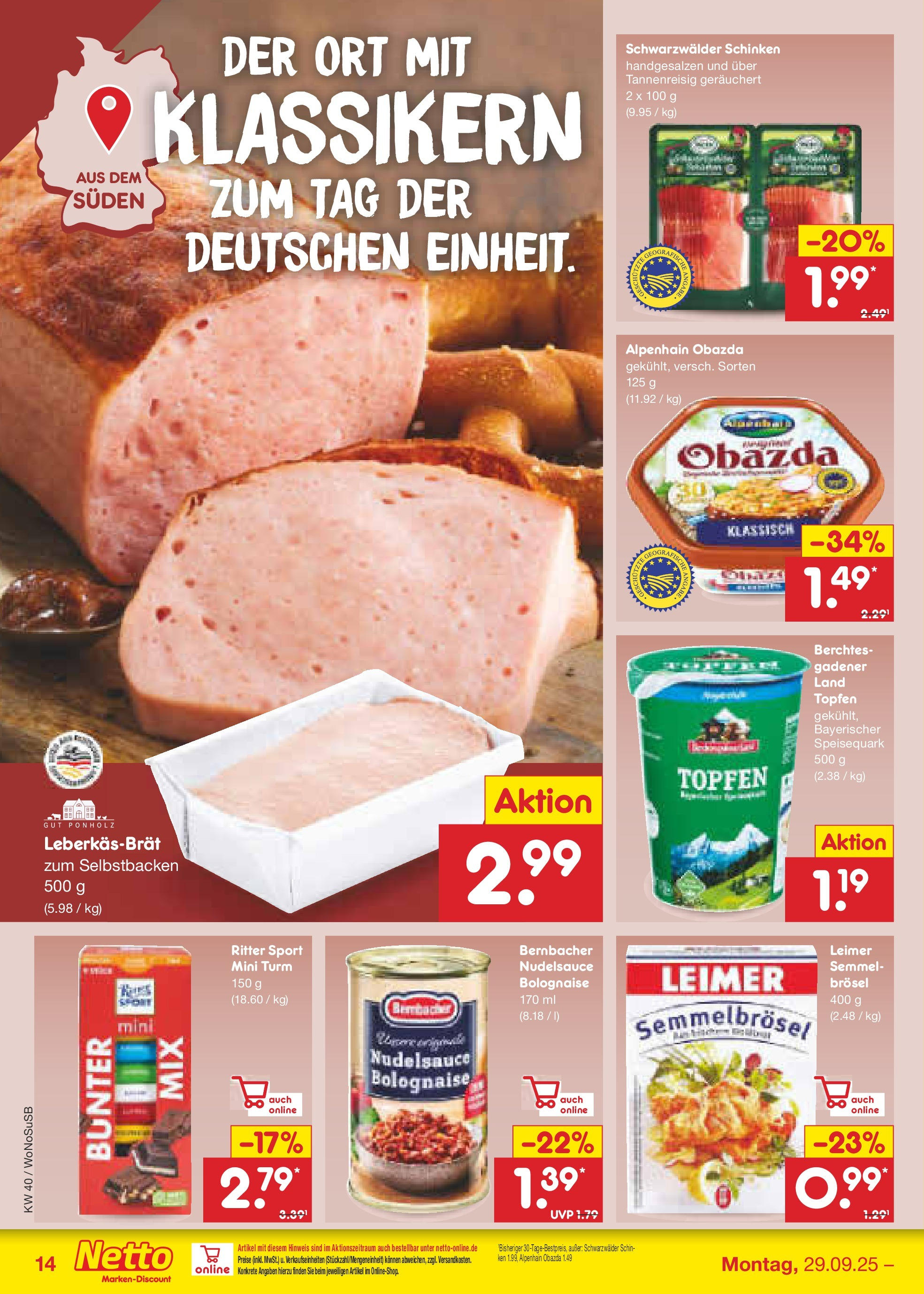 Netto Marken-Discount prospekt Frankfurt Am Main	 (ab 28.09.2025) » Angebote | Seite: 14 | Produkte: Ritter sport, Schinken, Speisequark