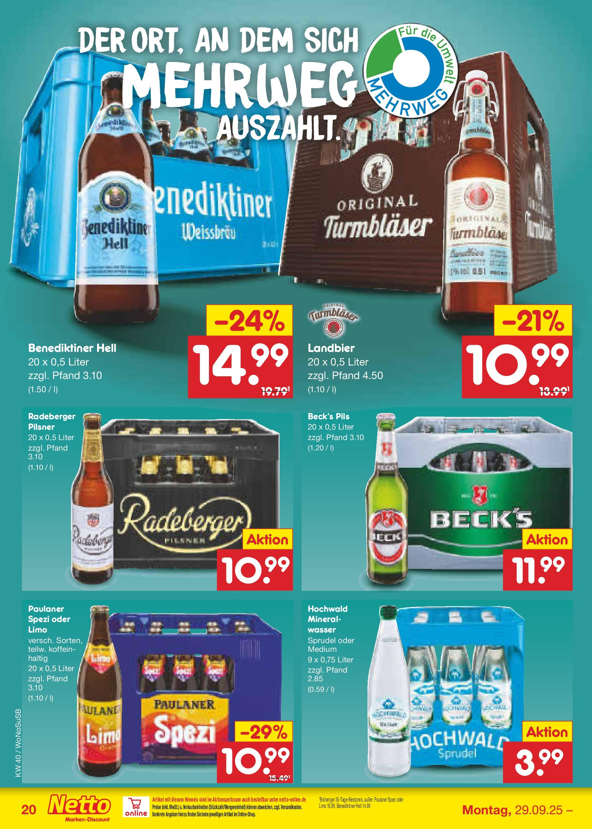 Netto Marken-Discount prospekt Frankfurt Am Main	 (ab 28.09.2025) » Angebote | Seite: 20 | Produkte: Paulaner spezi, Pils, Benediktiner hell, Paulaner